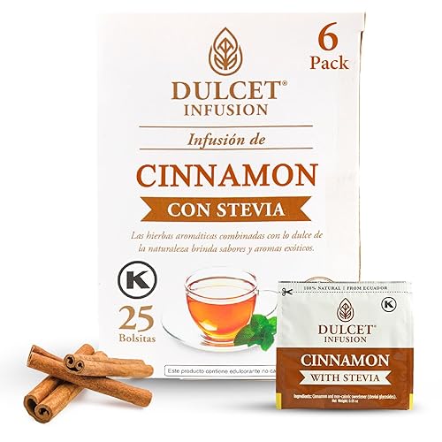 DULCET INFUSION - Bolsas de té de hierbas con canela, 25 bolsas de té sin cafeína, té de frutas con hojas naturales de stevia, bolsas de té dulce,