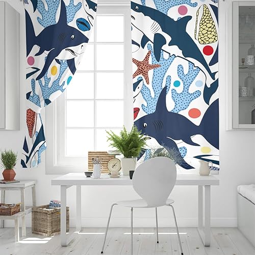 Miniatura 4 de FortuneHouse Blackout Curtains Thermal Insulated Cartoon Sea Animal Blue Shark Solid Pattern Metal Grommet Elegant Room Drapes Window Curtain for