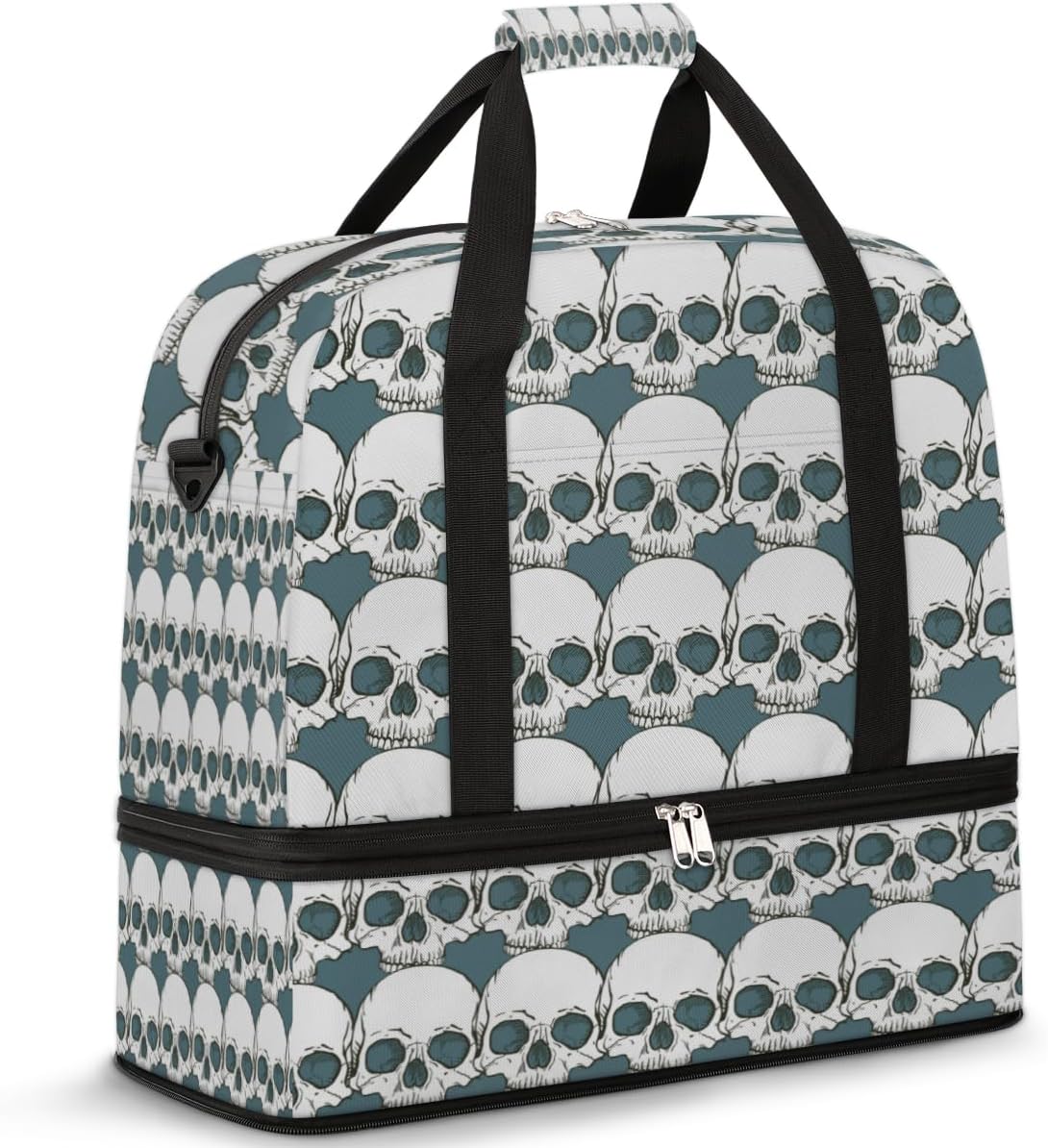 QsirBC Skull Art Theme Gym Bag for Women Duffle Tote with Shoes Compartment Men Weekender Duffel for Dance Travel Sports Swimming Overnight