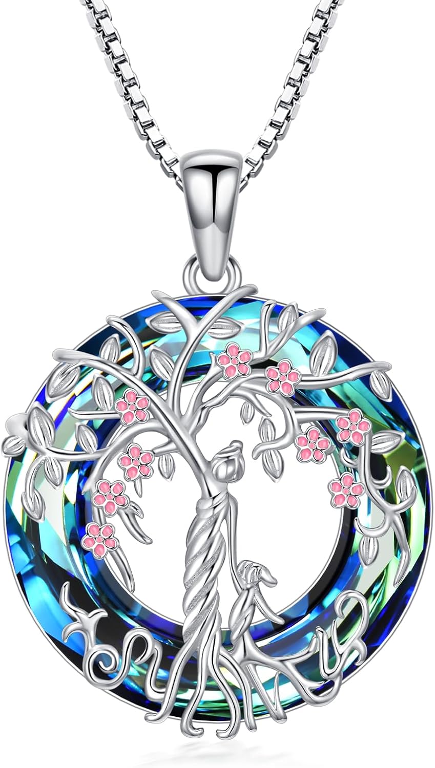 Tree of Life Necklace 925 Sterling Silver Sister Necklace Mother and 1 to 3 Sons or Daughters Pendant Family Tree Crystal Jewelry Gifts for Women Mother Grandma Birthday Christmas