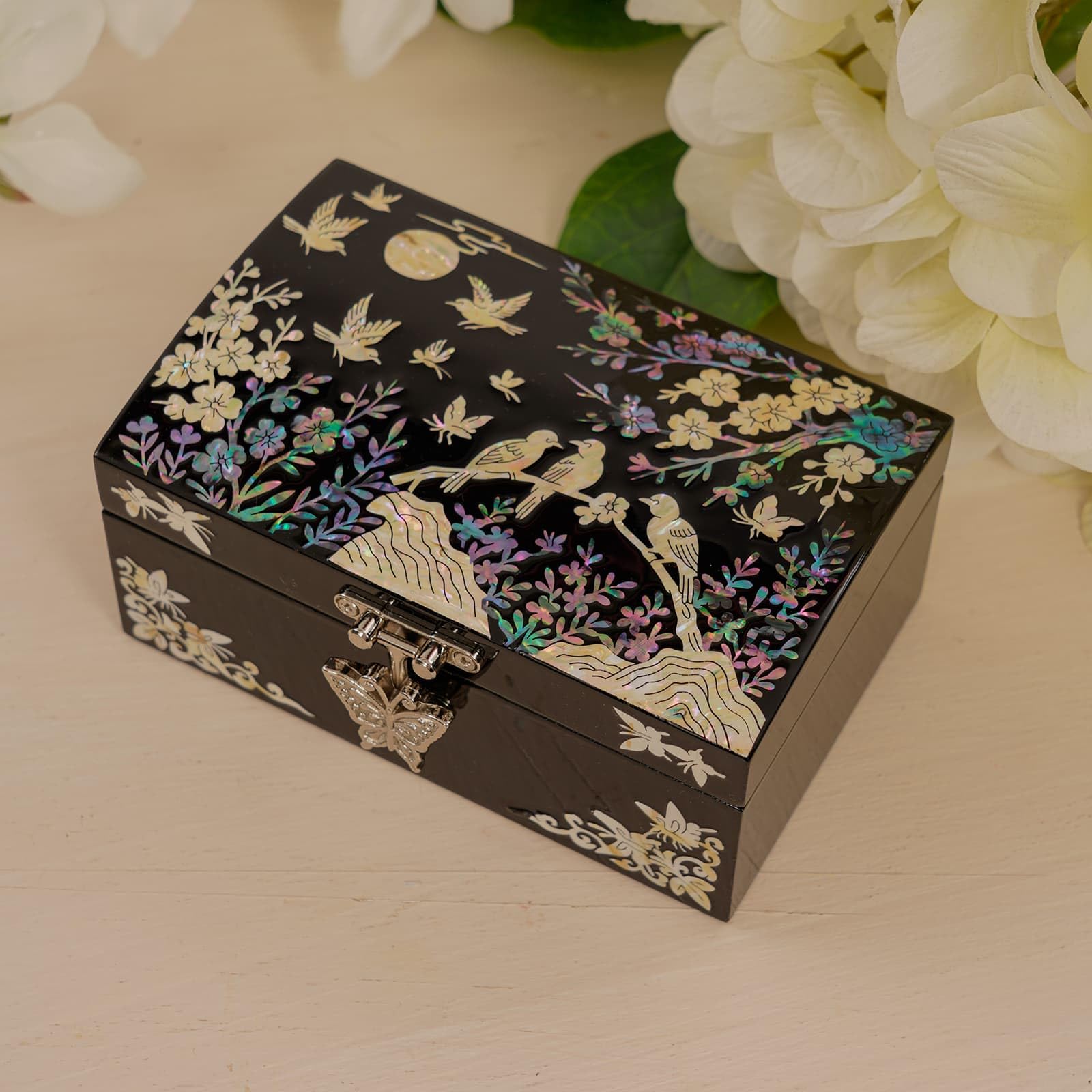 February Mountain Perlmutt Kleine Schmuckschatulle mit Spiegeldeckel, Schmuck-Organizer für Ohrringe, Halsketten, Ringe, Armbänder und Accessoires, Geschenke für Frauen, die alles haben (Birds)