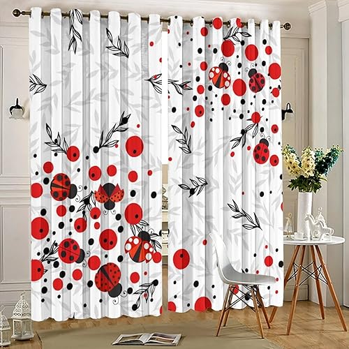 Vista 5 de Cortinas opacas de caricaturas de estilo japonés con ojales, diseño de mariquita roja y negra, tratamiento de ventana de eficiencia energética