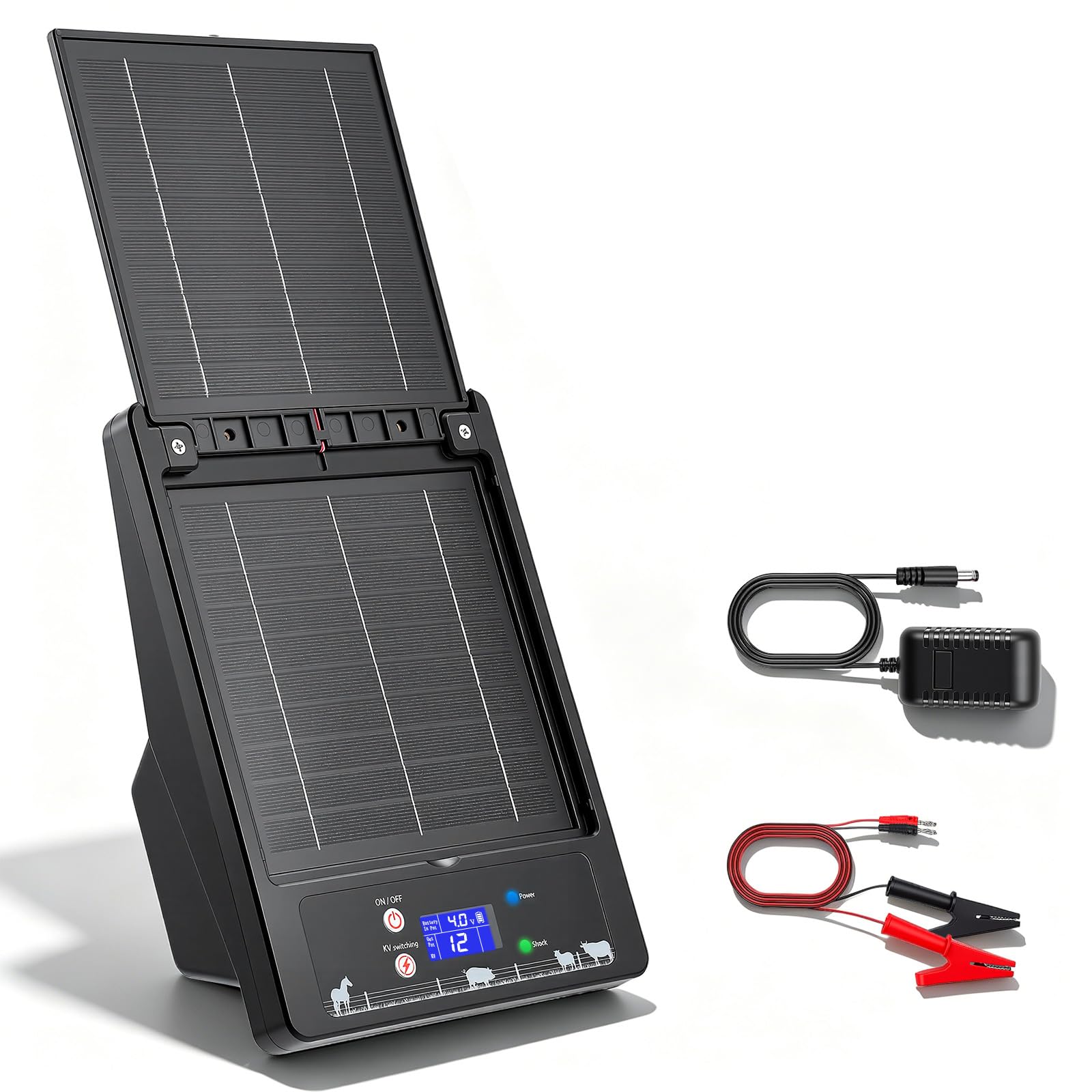 Pastor Eléctrico Solar con Panel Solar Plegable Dual, 16 KM de Alcance, 0,3-2J, 6KV-12KV Ajustable, Batería de Litio 18000mAh, IP55, Electrificador para Aves de Corral, Ganado