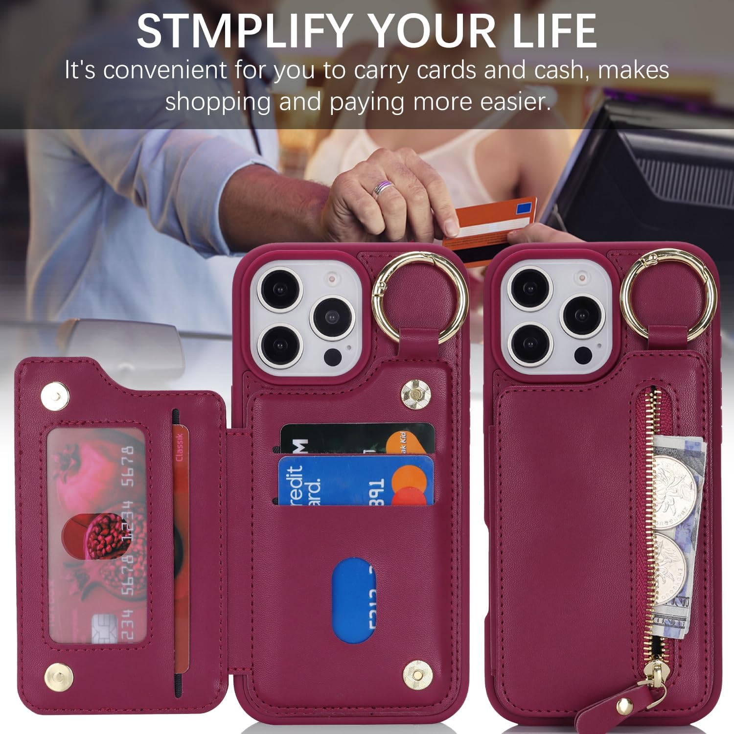 Ｈａｖａｙａ for iPhone 16 Pro Max case Wallet with Card Holder for Women Men Shockproof Phone case with Keychain Ring Stand Leather Zipper Credit Card Slots-Rose Red
