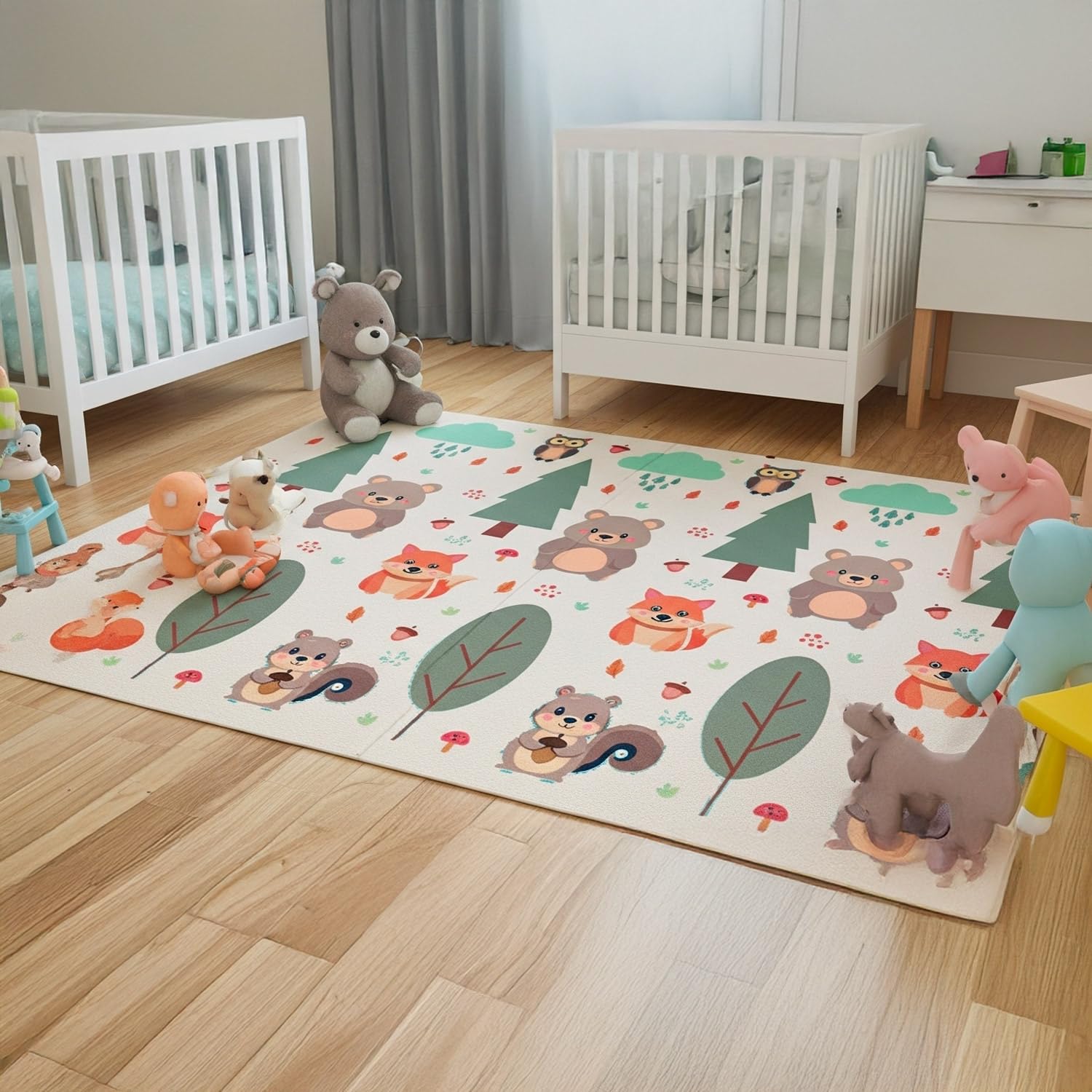 Tappetino Gioco per Bambini Pieghevole, 200x150 cm, Spessore 10mm, Motivo Bosco con Animali, Verde