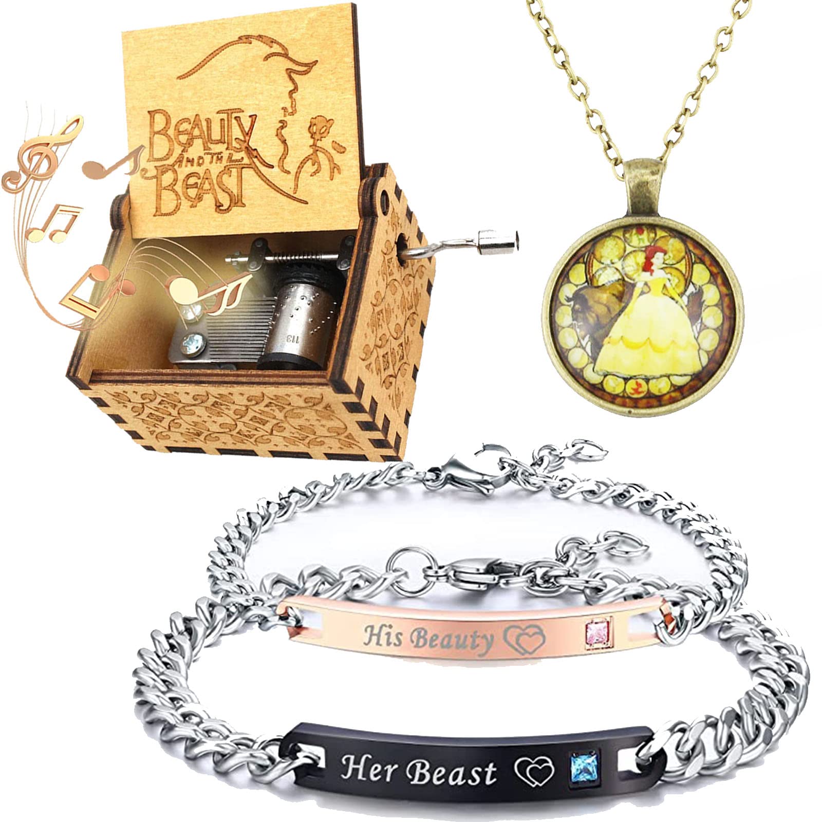 Beauty and The Beast Gift Bundle 4-in-1, Music Box + Matching Bracelets Her Beast & His Beauty + 24K Gold Plated Belle Necklace