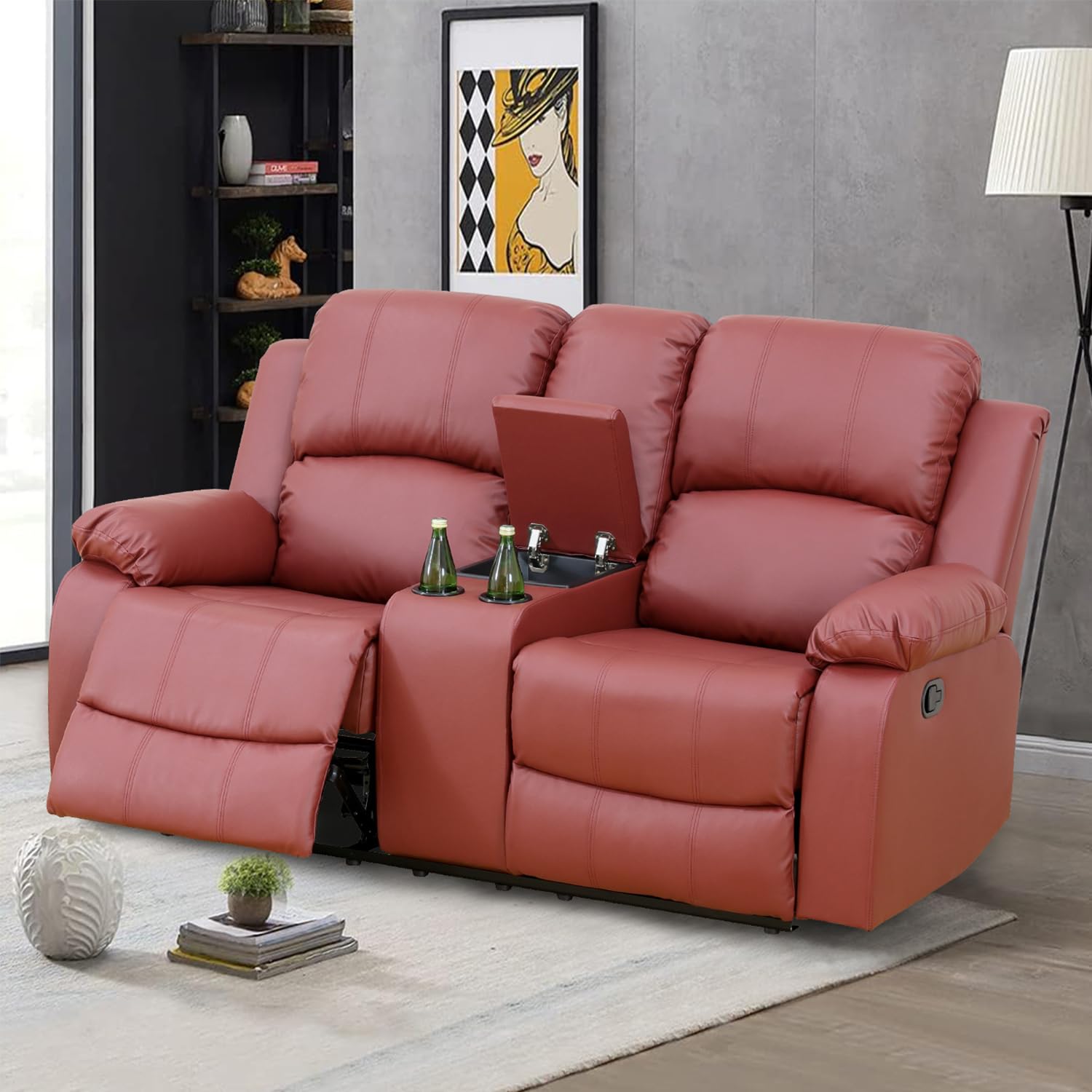 SIENWIEY Manual Leather Recliner Sofa for Living Room Furniture,68 Inch Reclining Loveseat with Storage Cabinet/Cup Holders,Leather Couch for Living