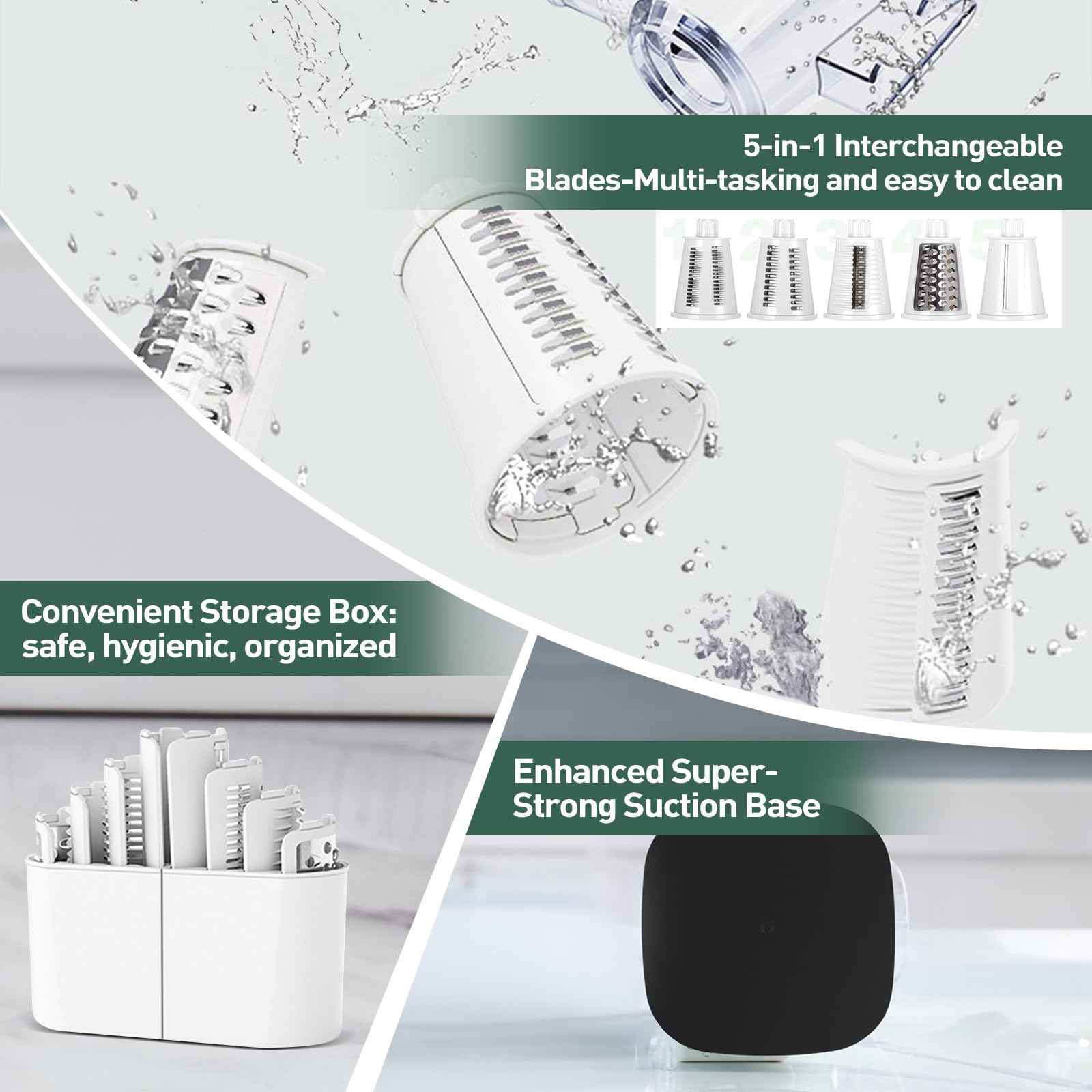 APSARAS USA - Rallador de queso con manivela, rallador giratorio 5 en 1, cuchillas de acero inoxidable reemplazables con base de succión fuerte, utensilios de cocina fáciles de limpiar con caja de