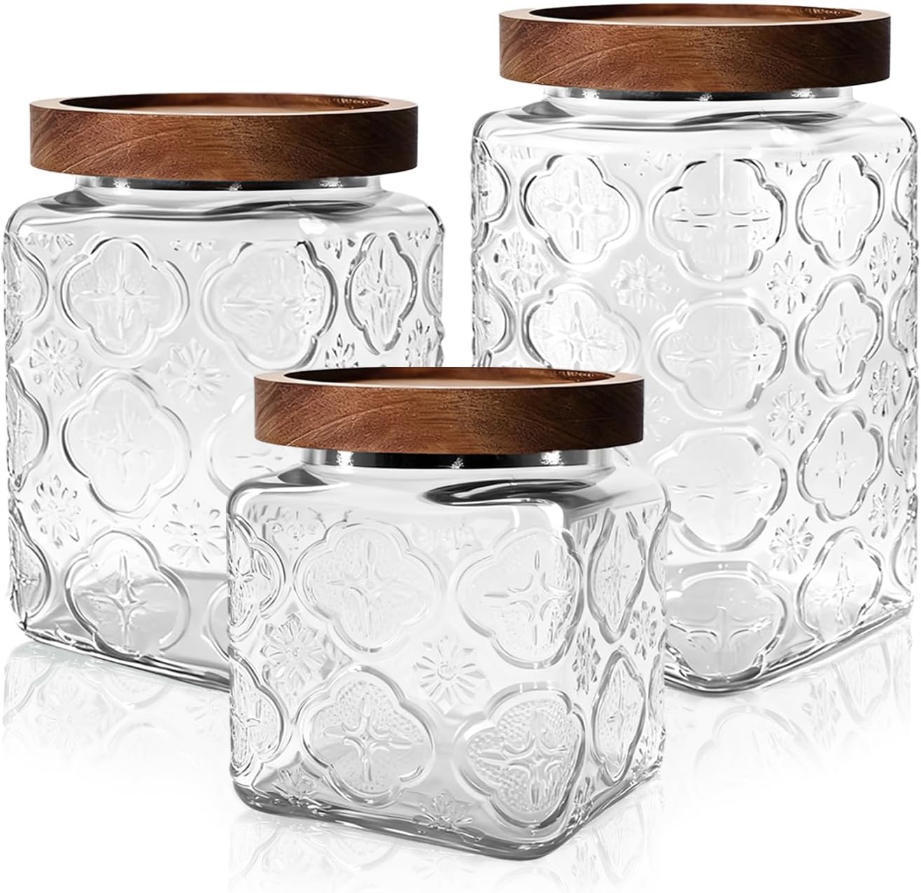 Vintage Glass Jars with Wood Lids - Set of 3 Airtight Canister for Kitchen Pantry Bathroom, Decorative Storage Container for Candy, Oats, Cookie, Coffee Beans, Sugar, Tea, Dog Treat, Snack, Begonia
