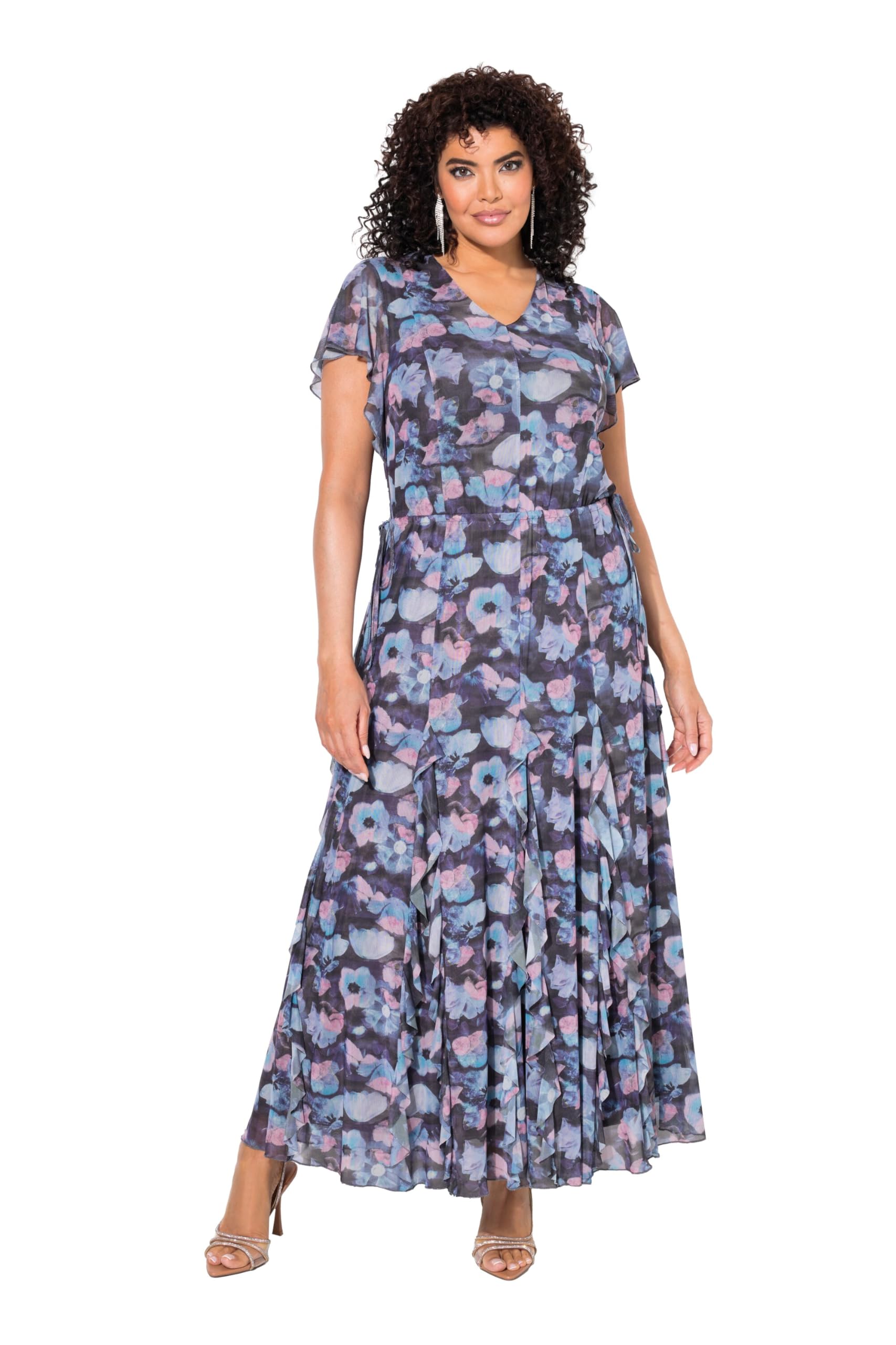 Ulla Popken Damen große Größen Übergrößen Plus Size Mesh-Abendkleid, Blüten, V-Ausschnitt, Flügel-Halbarm 835933