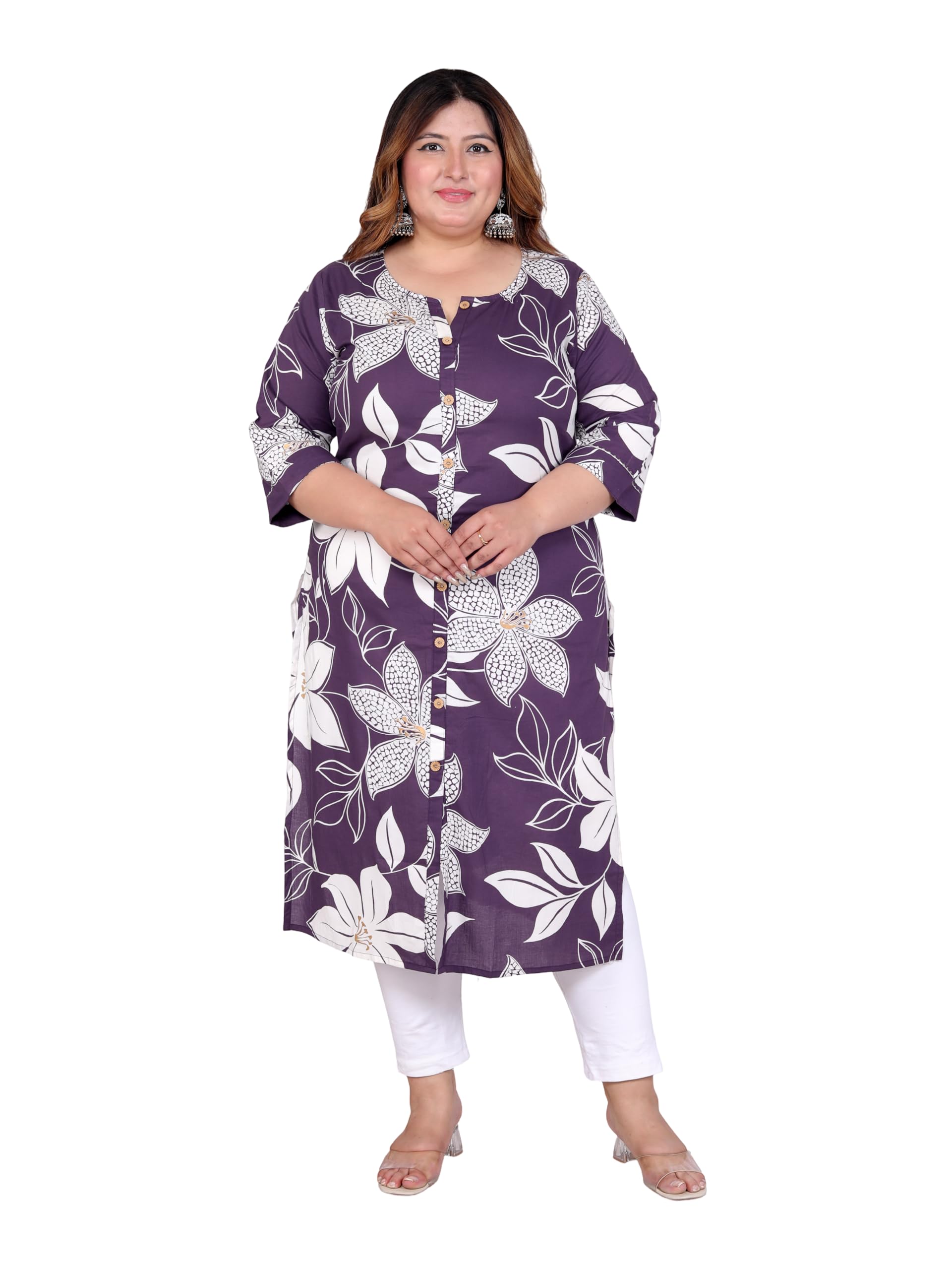 Women's Plus Size Floral Printed Straight Kurti - Purple-picture-38