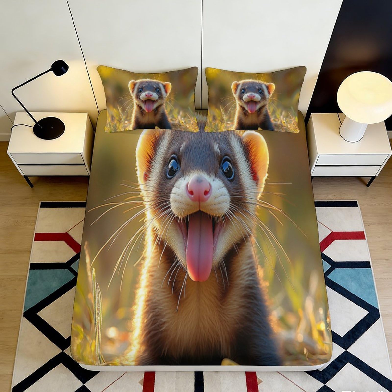 Pnayamiorkfel Style-3 3D Printed Cute Ferret Fitted Sheet Microfiber Cartoon Animal Bed Sheet For Bedroom Dorm Apartment Mattress Protection Decor 90X200x25cm