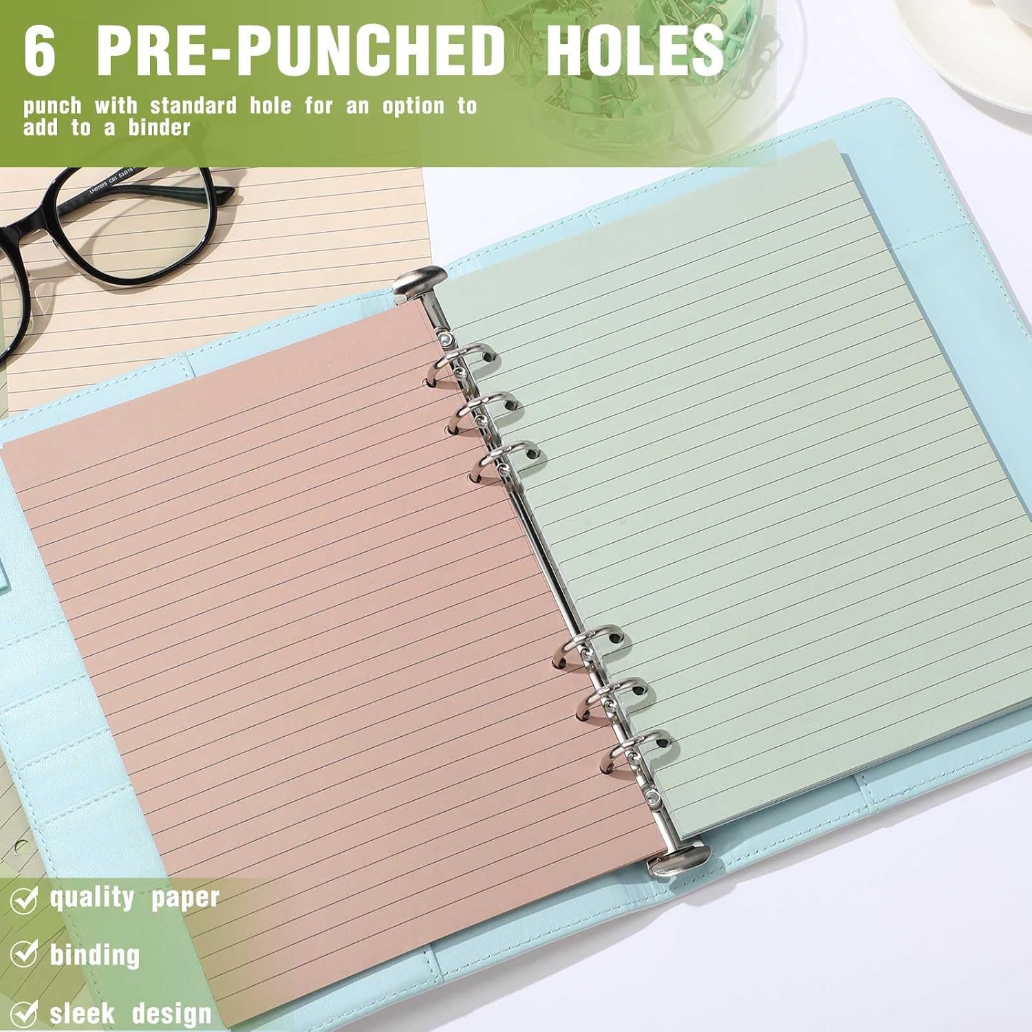 PerKoop 罫線入りリフィル用紙 A5色 6リングバインダー プランナーインサート 6穴ノートブックリフィル用紙 8.2 x 5