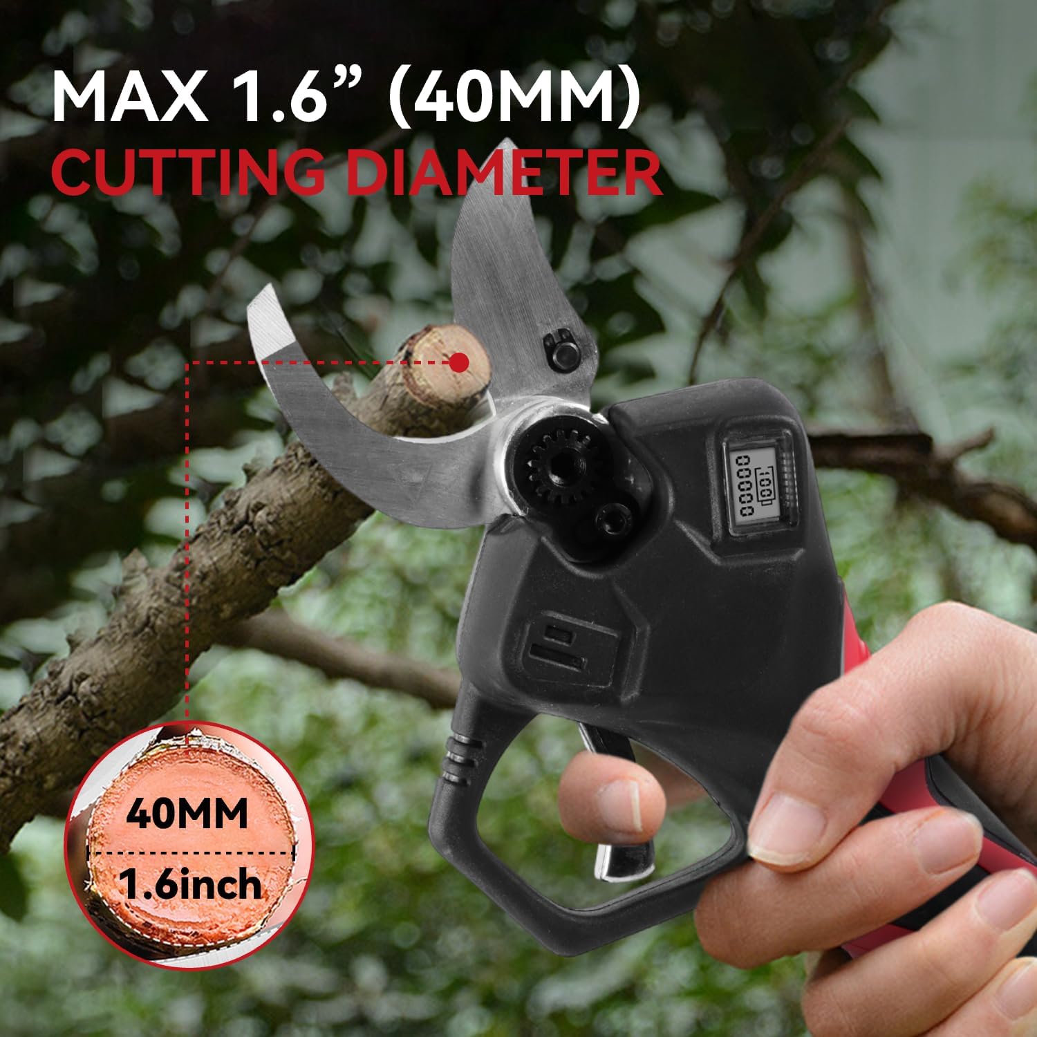 Pruning shears cutting a branch, showing max cutting diameter