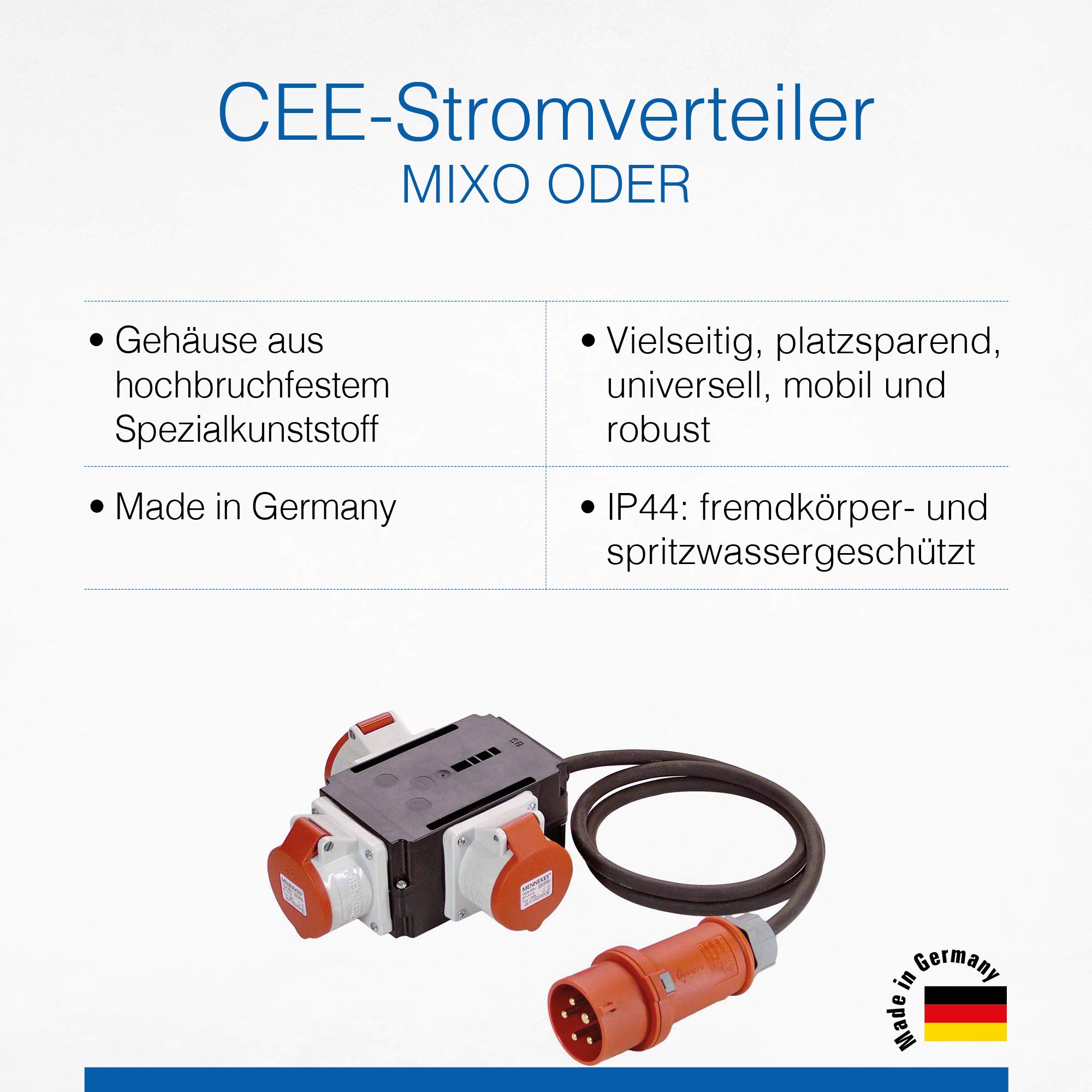 Schwabe MIXO Distributore di corrente ad alta tensione CEE 400 V 32 A 5 poli 22 kW Cavo 1,5 m 3 prese Stazione di alimentazione Esterno Made Germany