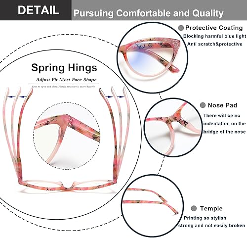 Miniatura 4 de YTDBNS Gafas de lectura de ojo de gato para mujer, paquete de 2 lentes de computadora de moda con bloqueo de luz azul con bisagra de resorte,