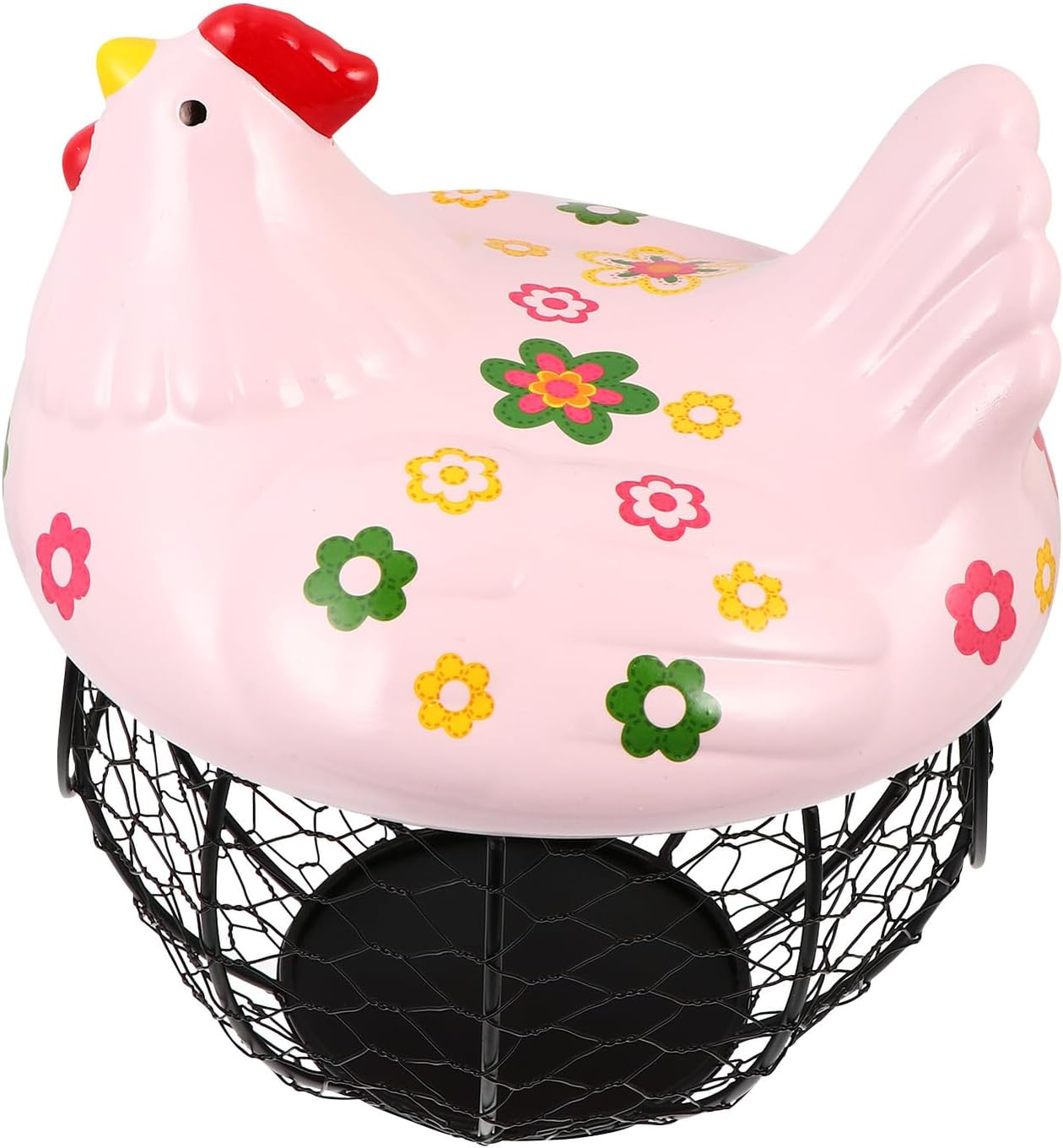 Iron Art Egg and Vegetable Storage Basket with Hen Ceramic Lid, Pink Sunflower Mesh Wire Organizer for Kitchen Pantry and Desktop Use