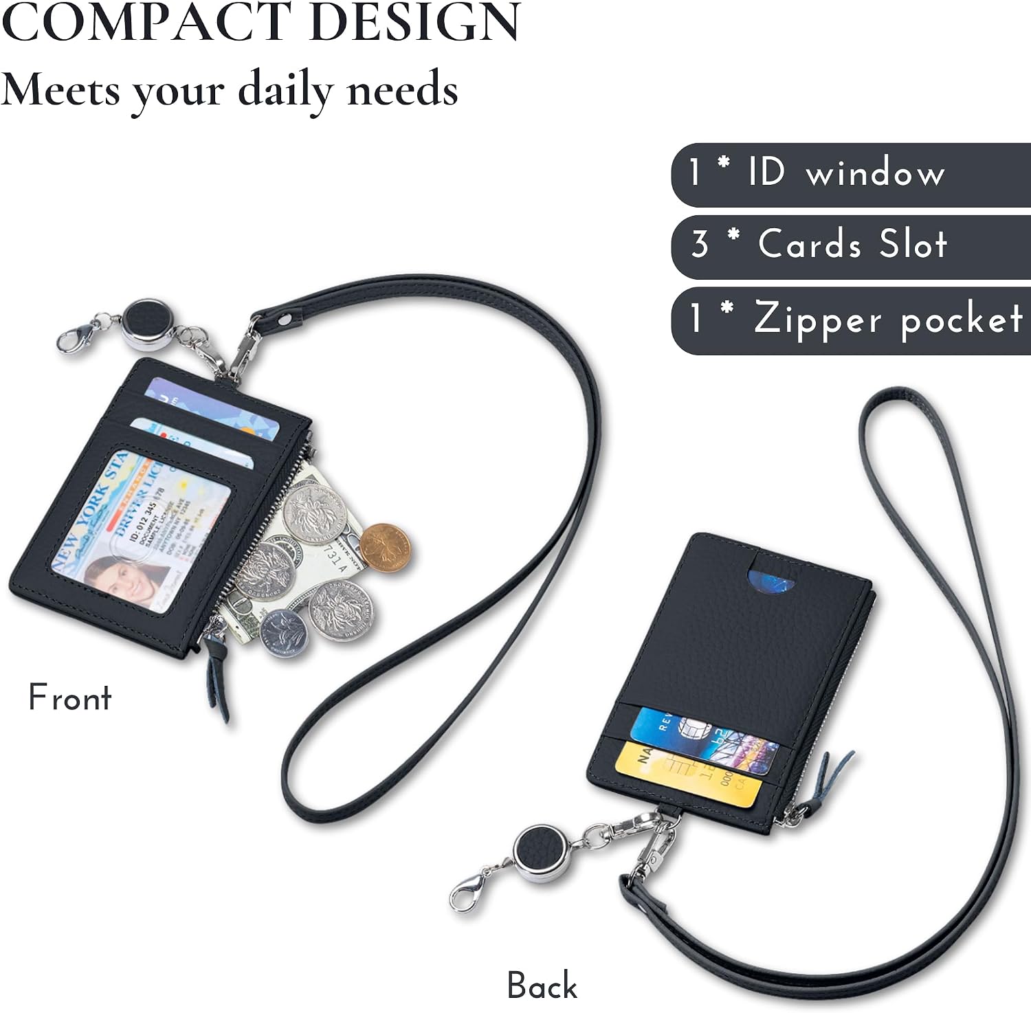 2-in-1 Leather ID Badge Holder with Wallet for Work, Multifunction ID Case with Credit Card Slots & Cash Coin Pocket, Slim Wallet with Lanyard for Women Men Nurse Teacher (Black)