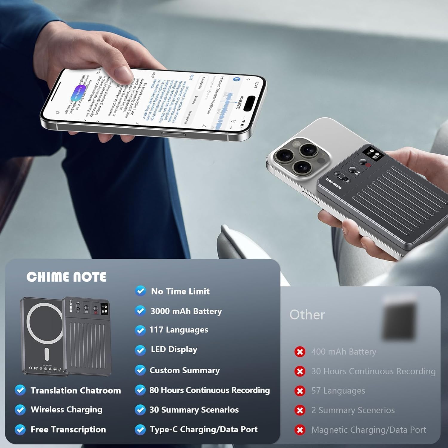 Condition photo showing New/Like New for chime note ai voice recorder - 64gb with free transcribe & ai summary by chatgpt, app & web control, 121 languages, wireless charging, for meetings/calls gray(the app is temporarily unavailable)