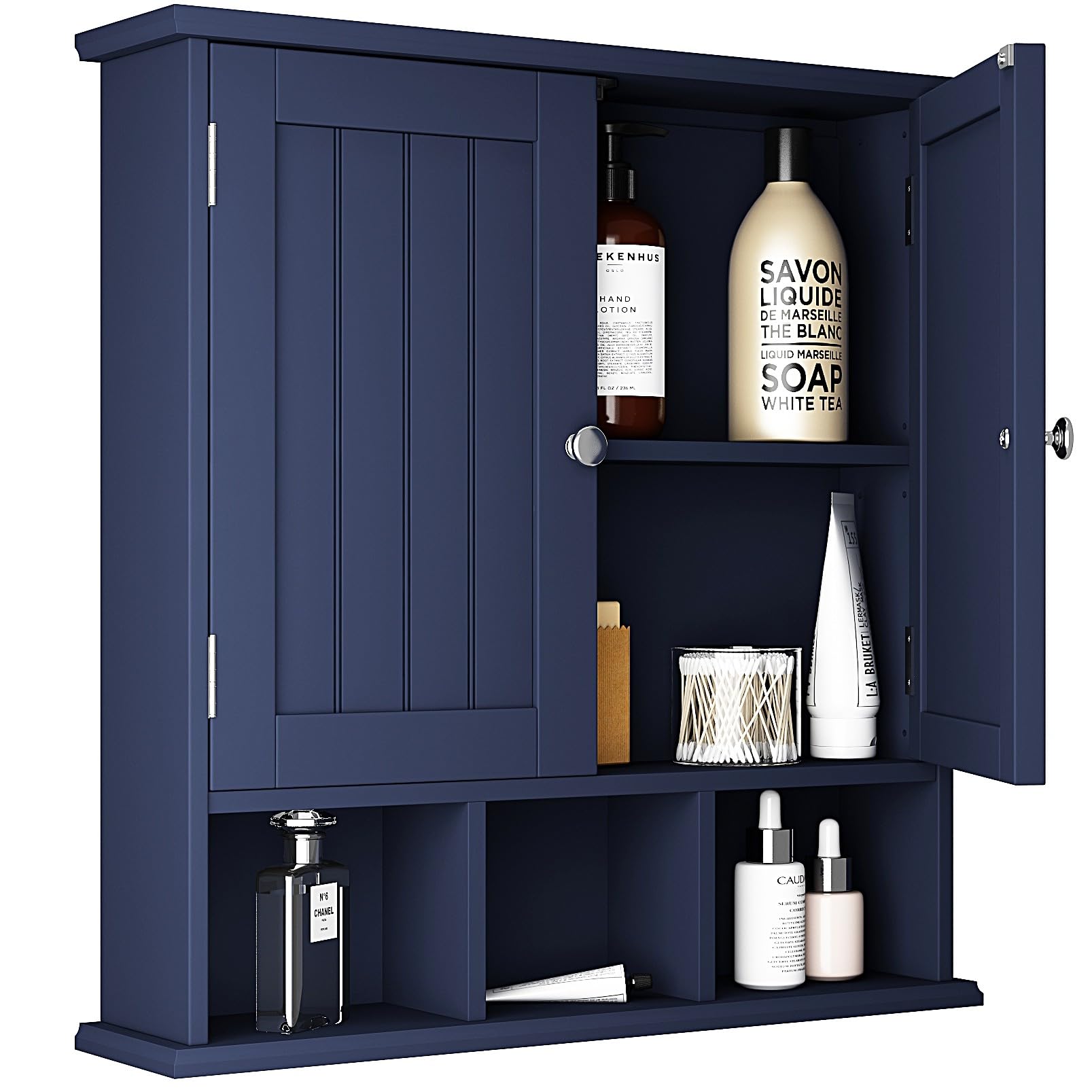 ChooChoo Bathroom Cabinet Wall Mounted 2-Door with 3 Open Shelves? Wooden Medicine Cabinets with Adjustable Shelf?Space Saver Storage Cabinets Over The Toilet for Bathroom&Living Room,Blue