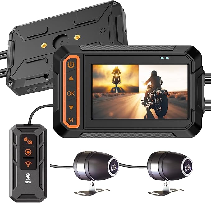 ydi Dash Cam Anteriore e Posteriore 1080P per Moto, Impermeabile Moto Doppia Grandangolare 155 Gradi Fotocamera con Schermo da 3 Pollici, Wi-Fi, GPS, Telecomando a Filo, Monitor di Parcheggio