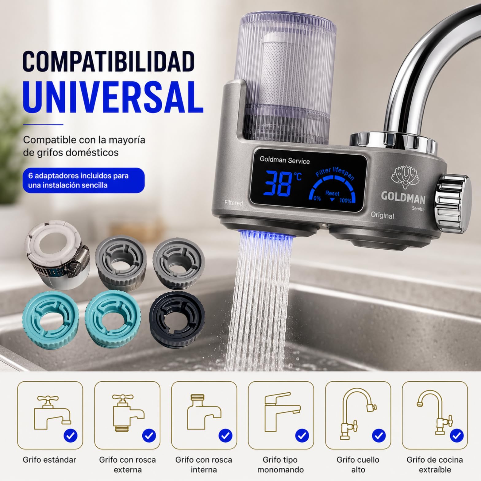 GOLDMAN SERVICE Filtro Purificador de Agua para Grifo con Pantalla Digital, Indicador de Temperatura en Tiempo Real, Filtro de Repuesto Incluido y 6 Adaptadores Universales