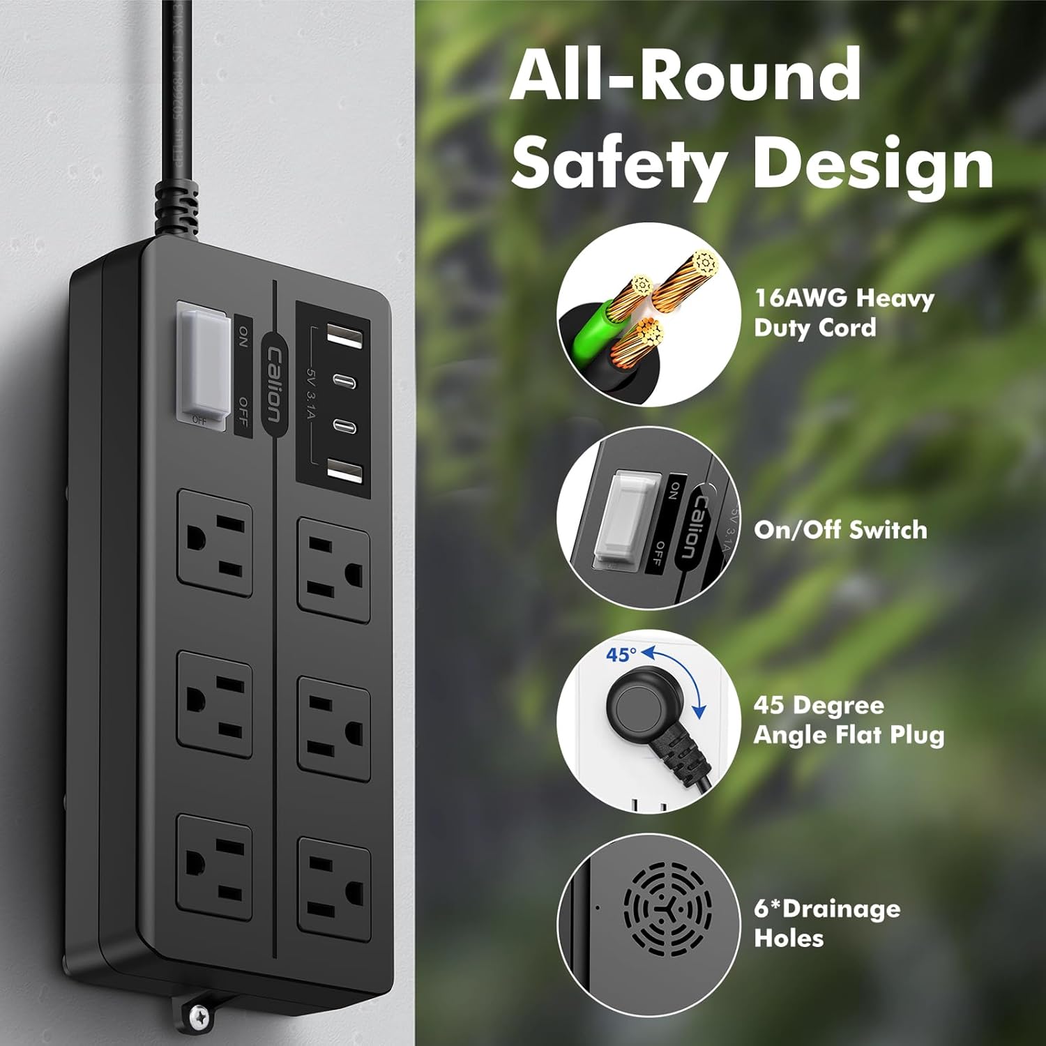 6FT Outdoor Waterproof Power Strip Surge Protector with 6AC Outlets 4USB Ports Power Switch Safety Lock, ETL Certified for Patio Garden Charging