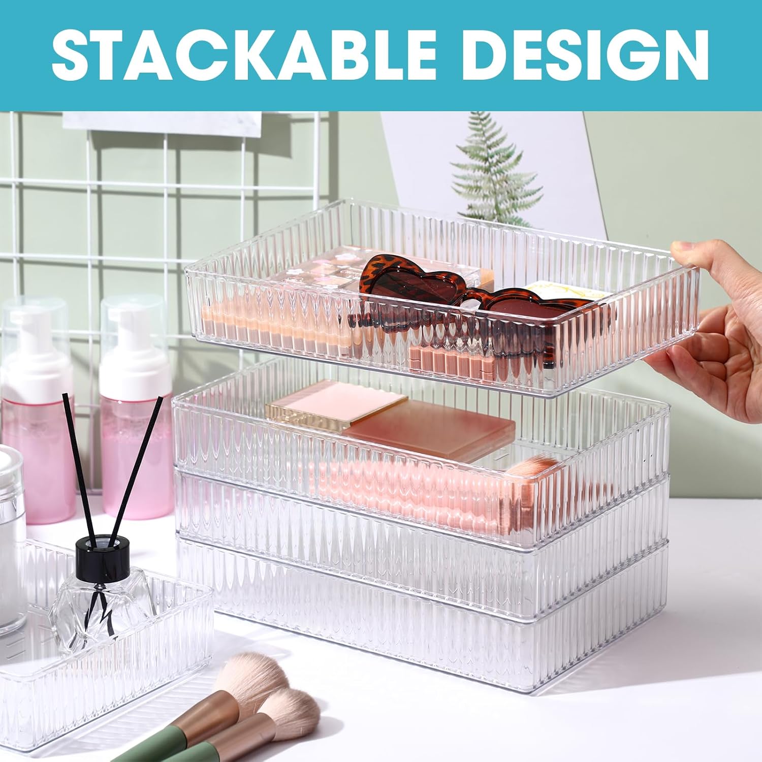 Teenyyou 8 Pcs Clear Drawer Organizers Bins Stackable Makeup and Vanity Organizer Trays Clear Plastic Drawer Organizers Set for Office Desk Dividers(9.9 x 6.3 x 1.8 Inches)