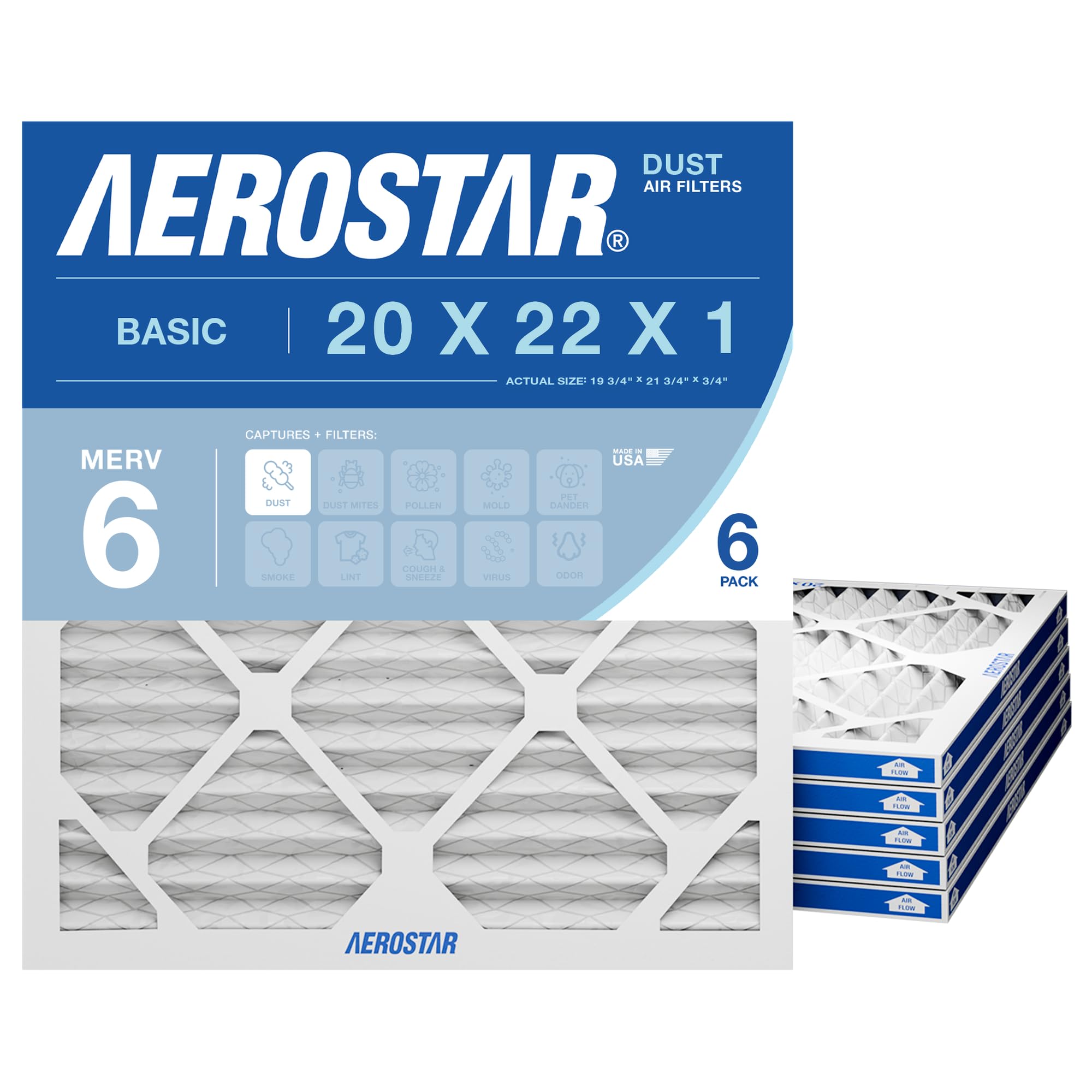 Amazon.com: Aerostar 20x22x1 MERV 6 Air Filter, 6 Count, ACTUAL
