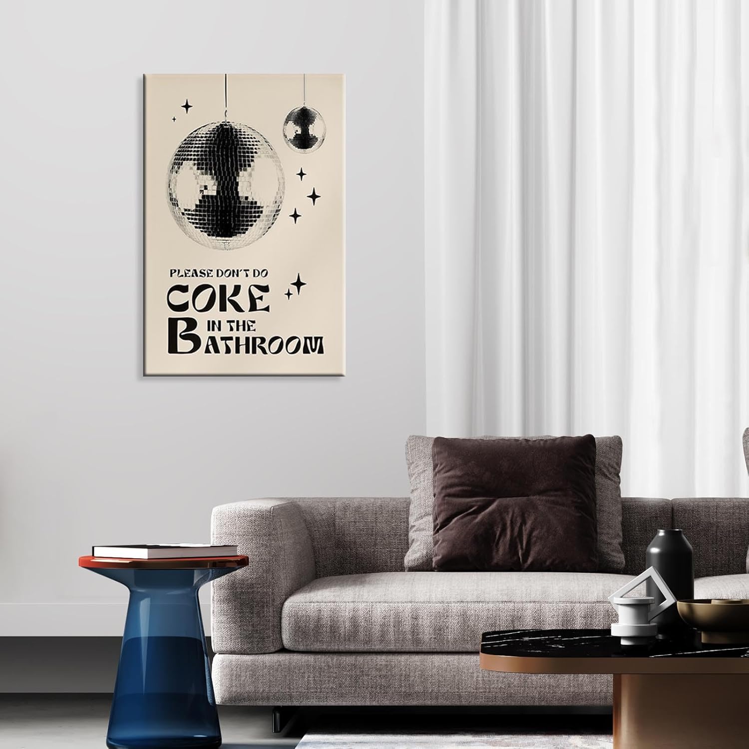DVBOCS Vintage Black And White Disco Ball Canvas Wall Art Please Dont Do Coke In The Bathroom Posters Trendy Abstract Aesthetic Paintings For Washroom Restroom Toilet Wall Decor 8x12in Wrapped Canvas