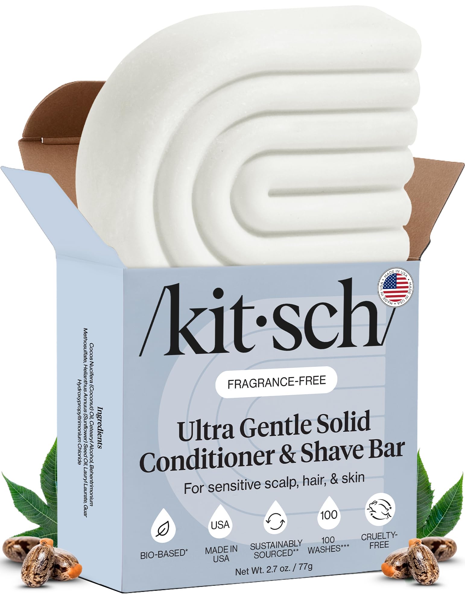 Kitsch Après-​shampoing solide 2 en 1 et barre de rasage – Savon de rasage ultra sensible et naturel pour femme | Fabriqué aux États-​Unis | Sans parfum pour les peaux sensibles | Zéro déchet, 76,​5 g