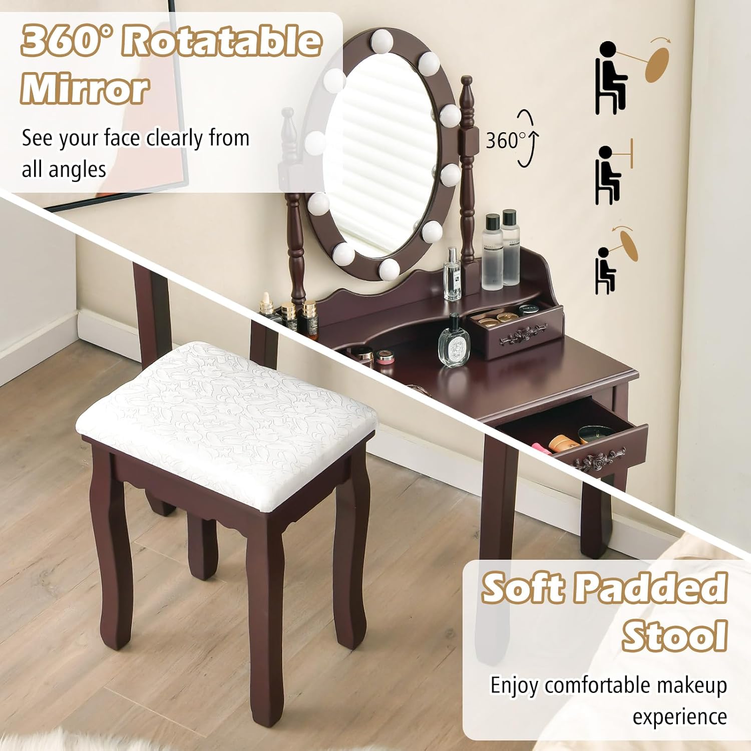GOFLAME Vanity Table Set with Lighted Rotatable Mirror, Dressing Table with 3-Color Lights & Adjustable Brightness, Makeup Desk with Cushioned Stool for Dressing Room, Bedroom (Brown)