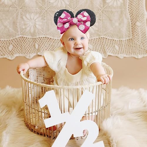 Miniatura 19 de 2 diademas grandes de orejas de ratón para bebé niña con lazo de lentejuelas, diadema ancha de nailon turbante, diadema de parque temático, diadema