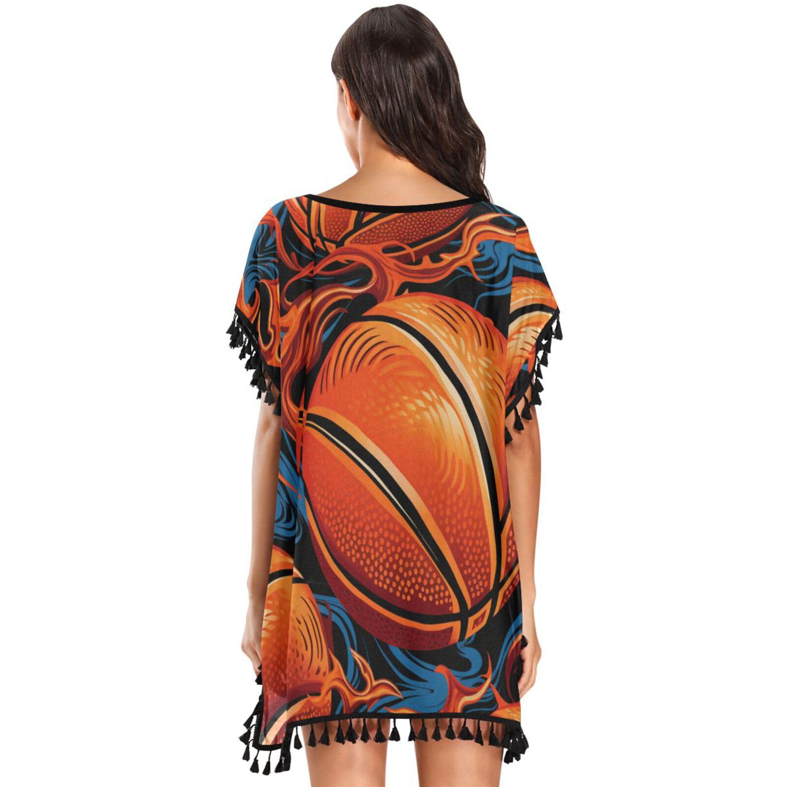 Blue Fire Basketball Art Women's Beach Cover Up Chiffon Tassel Swimwear Swimsuit Coverups for Girl