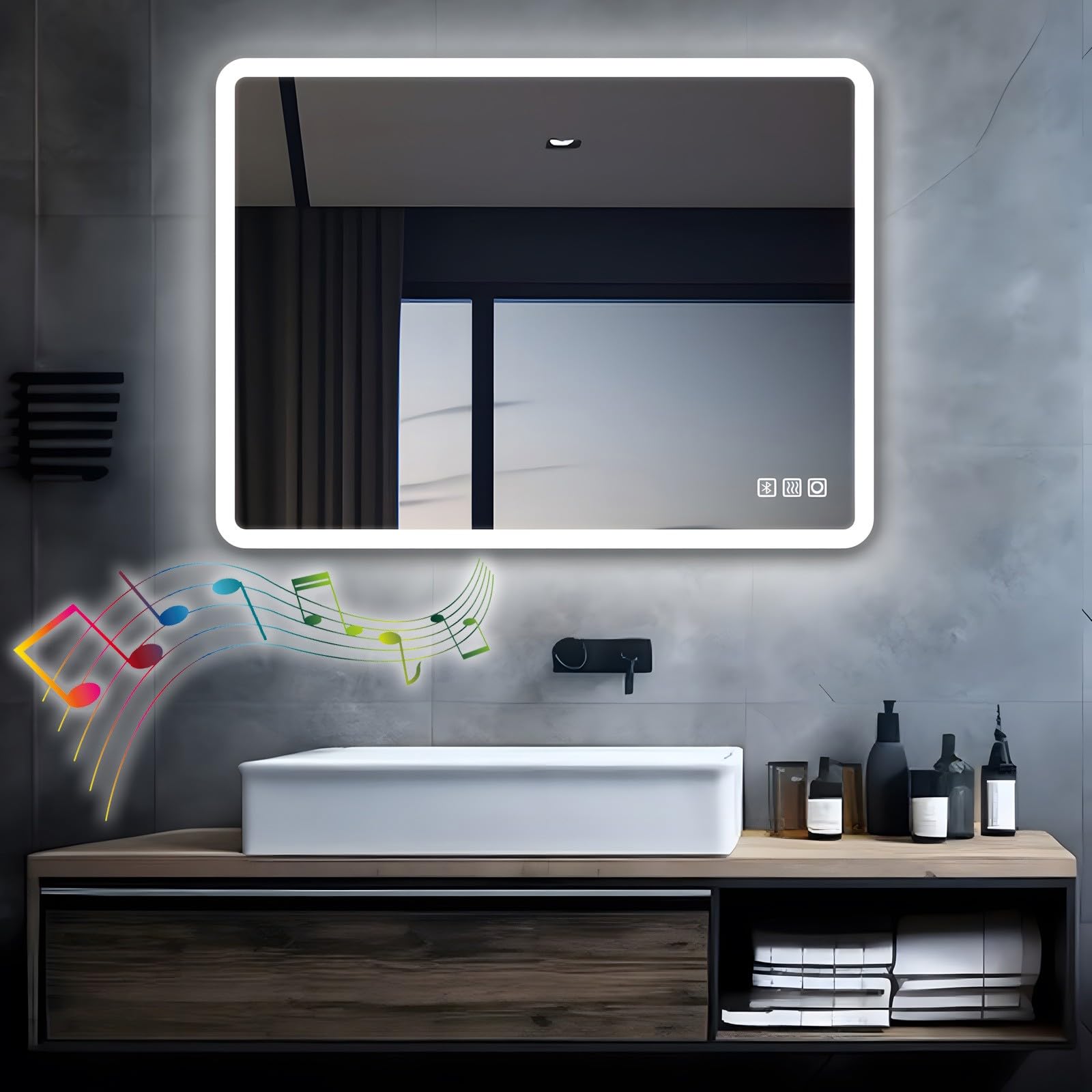 MIQU Espejo de baño con luces LED, 80 x 60 cm, espejo grande con bluetooth y toma de corriente, interruptor táctil, regulable, luz blanca cálida, sin condensación, espejo de pared para baño, inodoro,