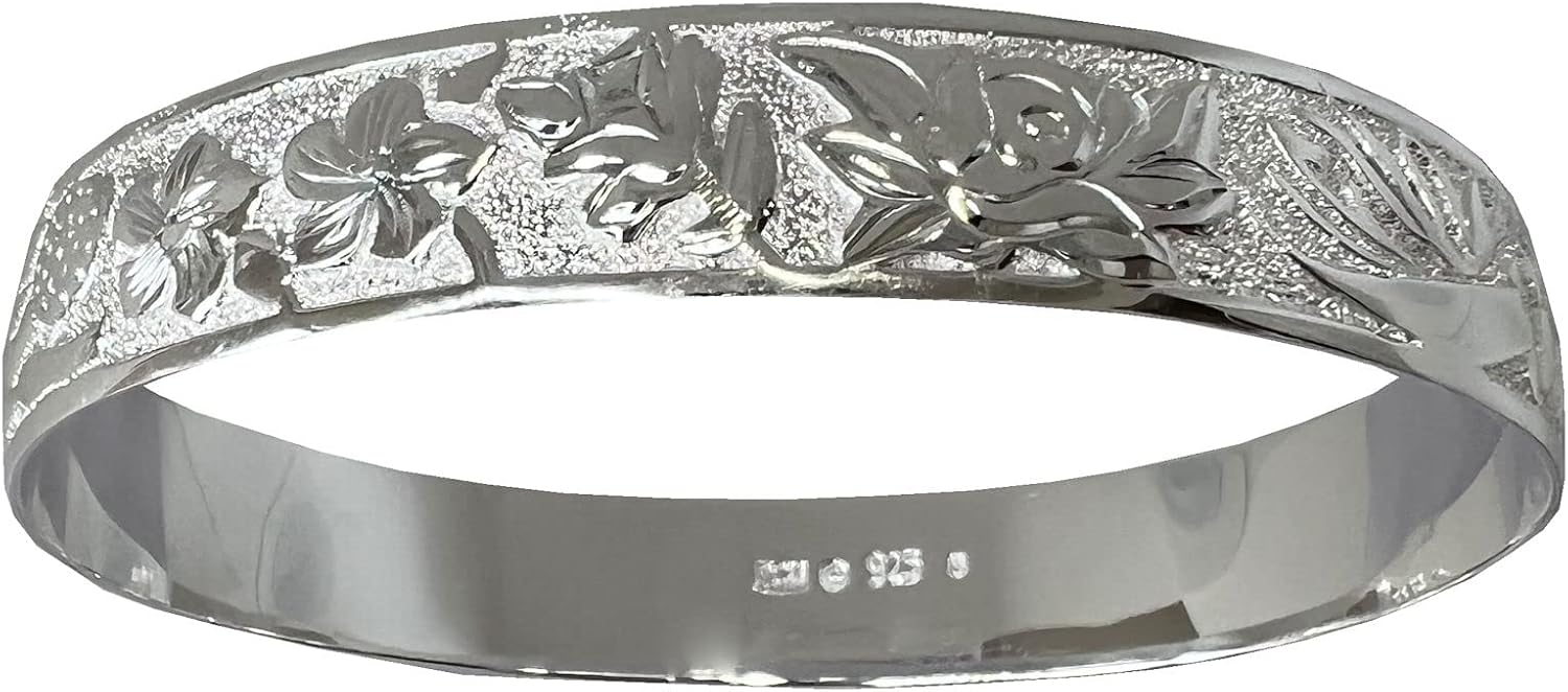 Hawaiian Heirloom Jewelry Sterling Silver 12mm Flower Design Bangle Bracelet from Maui, Hawaii