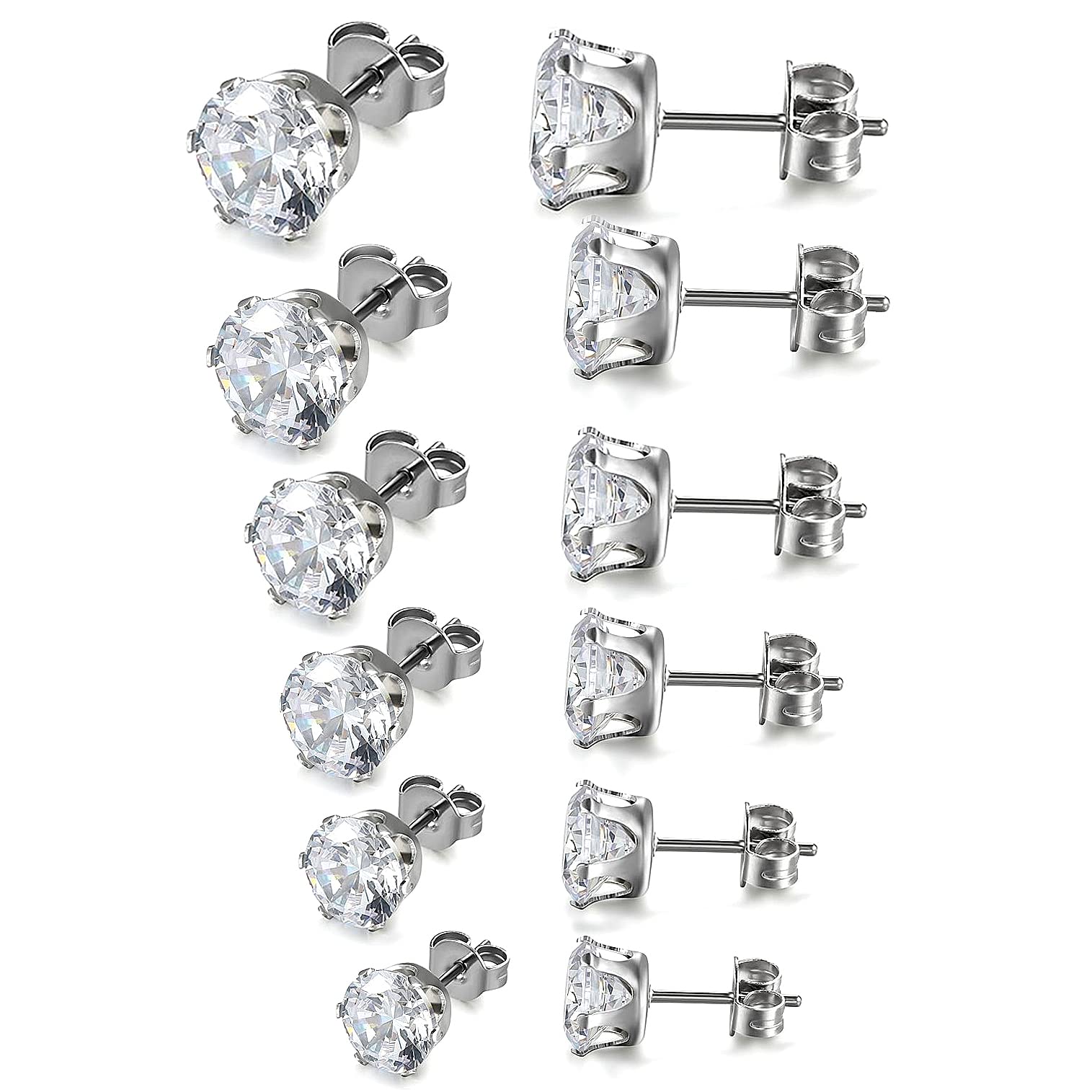 JewelryWePendientes Circonita Brillante, Pendientes Pequeños para Hombre Mujer, Clásicos Redondos de Color Blanco Negro, Acero Inoxidable 6 Pares