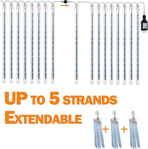 Miniatura 5 de Paquete de 2 luces de Navidad extensibles para lluvia de estrellas al exterior, cadena de luces de 16 tubos 384 luces LED enchufables para