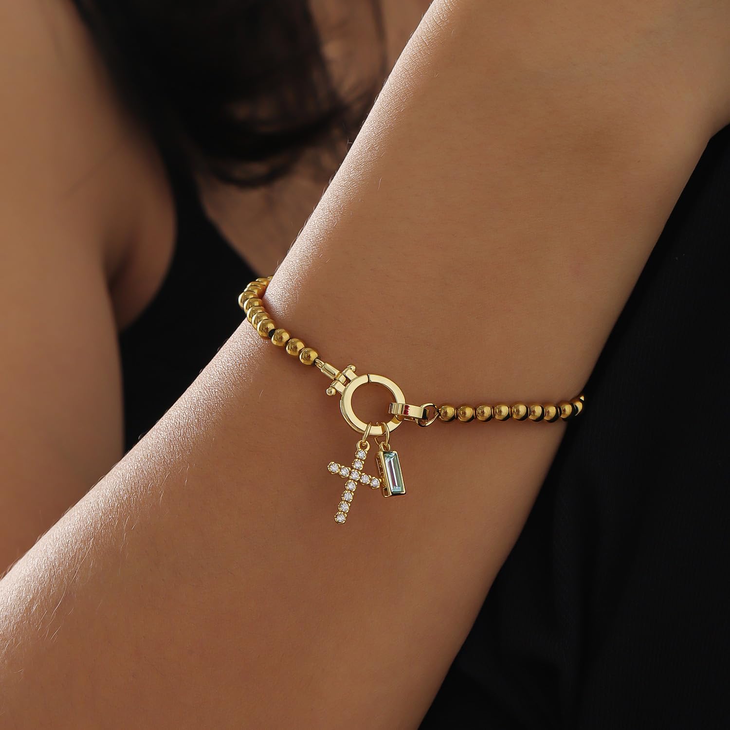 Cross Charm Birthstone Bracelet for Women-18K Gold Plated Stainless Steel Beaded Chain Blue Crystal Gemstone & CZ Cross Adjustable Faith Bracelet for Everyday Birthday & Religious Gifts - Image 4