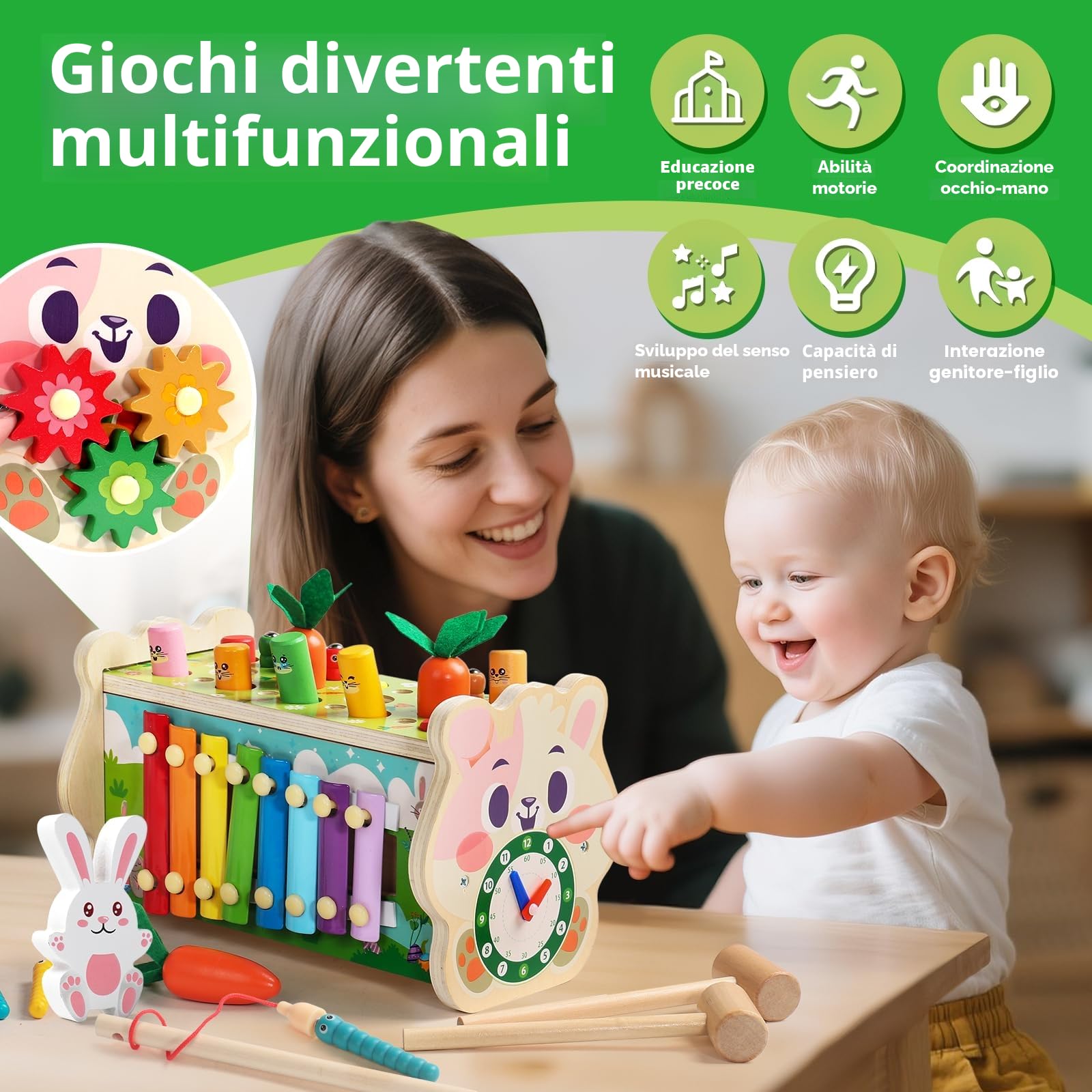 Fajiabao Giochi Montessori 1 Anno-7 in 1 Acchiappa la Talpa Giochi Bambini 1 Anno Cubo Multiattivita Legno Giocattoli con Martello,Strumenti Musicali Bambini Xilofono, Regalo Bambino 1-3 Anno