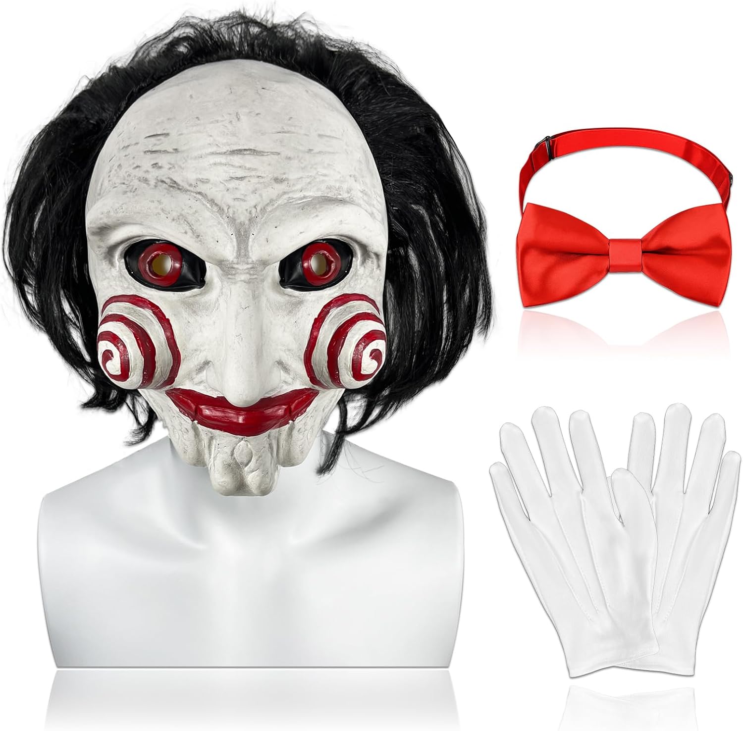 Adult Halloween Horror Mask Movie Full Head Latex Mask with Red Bow Tie and Gloves for Cosplay Props