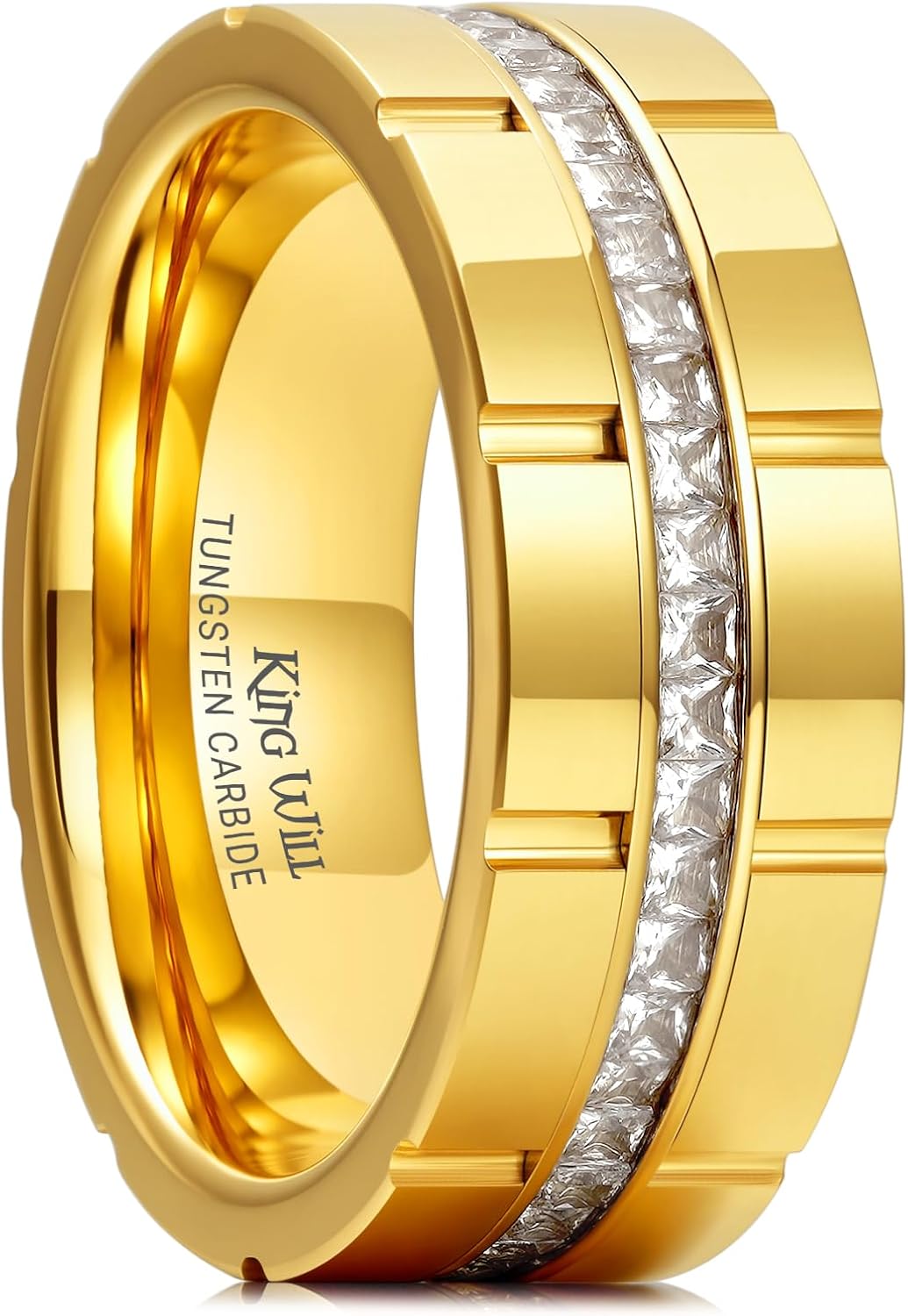 King Will 8mm Tungsten Wedding Ring for Men Women Centre Groove Unisex Wedding Band with White Cubic Zircon