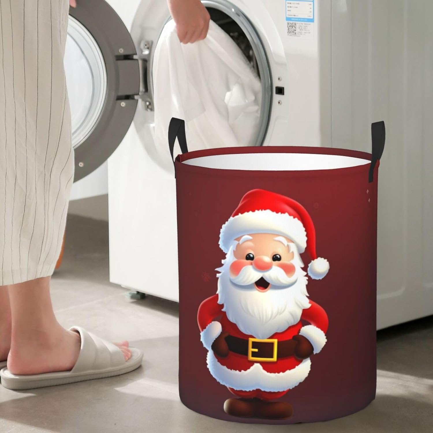 Cute Santa Claus print Laundry Basket Circular Hamper Waterproof Bathroom Hamper Storage Bin Organizer Basket Laundry Hamper with Handles for Clothes Toys Small