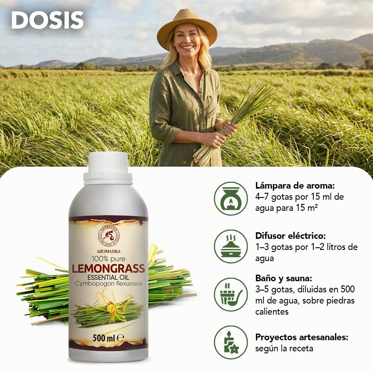 Aceite Esencial de Hierba de Limón 500 ml - Cymbopogon Flexuosus - Natural y Puro - Aceites Esenciales para Difusores - Fragancias para el Hogar - Jabones y Velas - Sauna - Aroma fresco - Aromaterapia