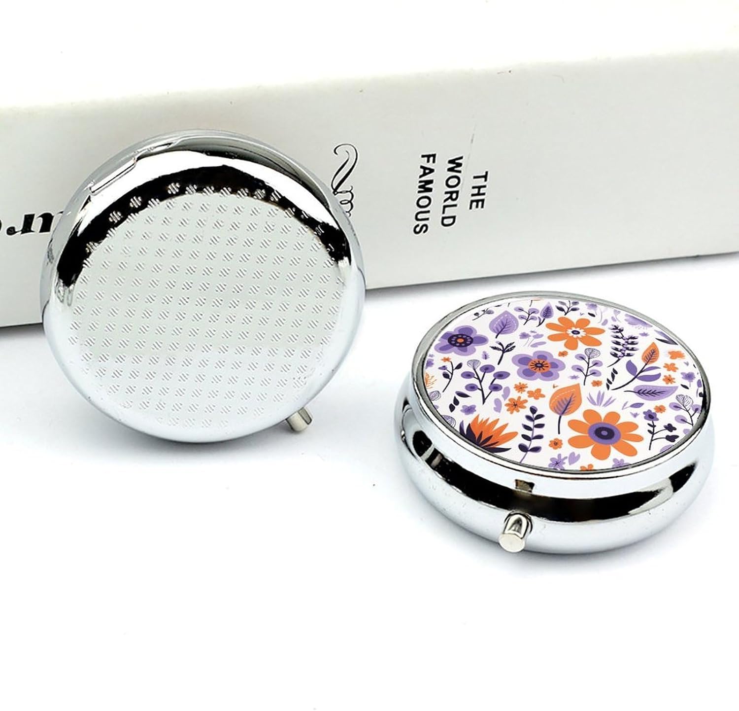 Round Silver Pill Box Small Pill Case for Purse and Pocket 3 Compartment image 5