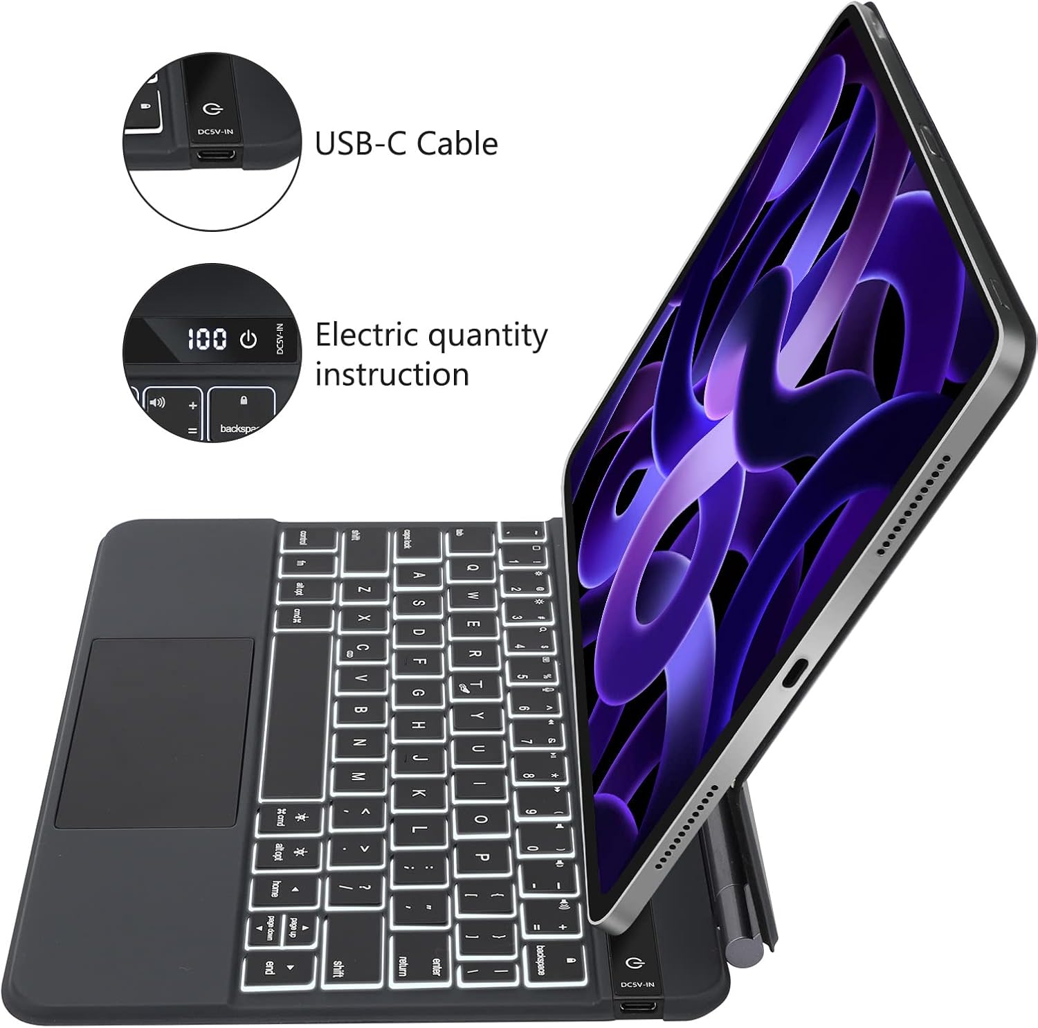 Side view of SENGBIRCH Magic Keyboard showing USB-C port and battery display