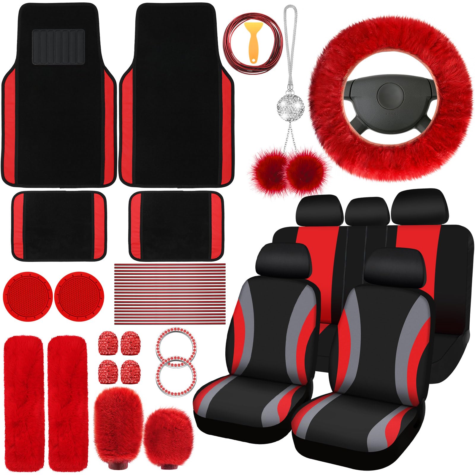 ROCEEI 47 Pcs Car Seat Cover Full Set Car Accessories, Red and Black