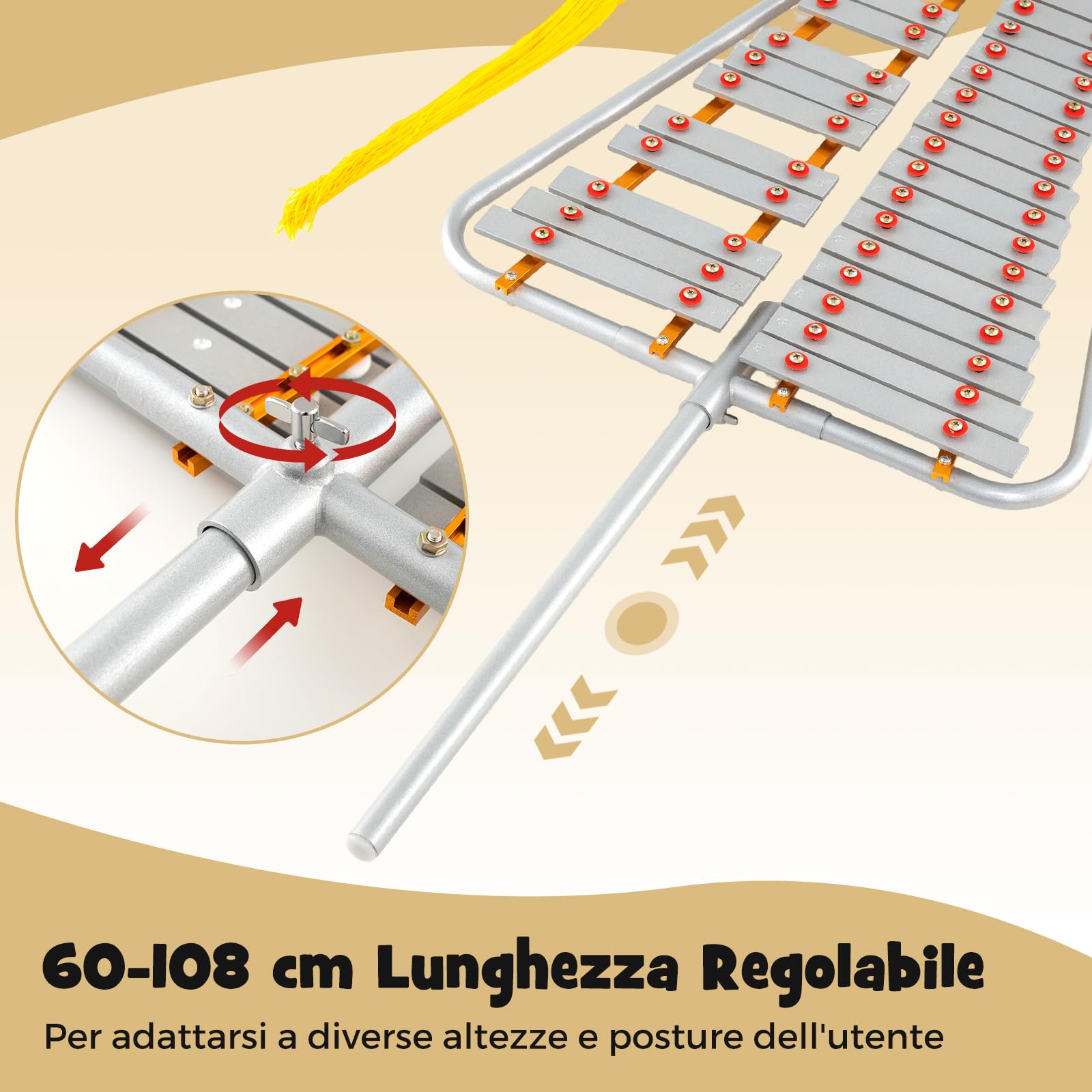 GYMAX Glockenspiel da Marcia, Liuto a 29 Note per Banda con Tasti in Alluminio, Lunghezza Regolabile, Cintura da Vita, 2 Bacchette, Nappine, Kit di Strumenti a Percussione per Parate e Pratica