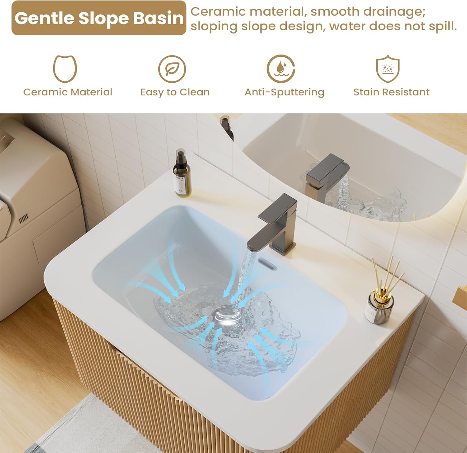 Floating Bathroom Vanity with Sink, Nature Soild Wood Cabinet with Ceramic Basin, Extra Large Storage Drawer & Pre-Assembled Vanities for Bathroom, Powder Room (Nature A Style, 24")