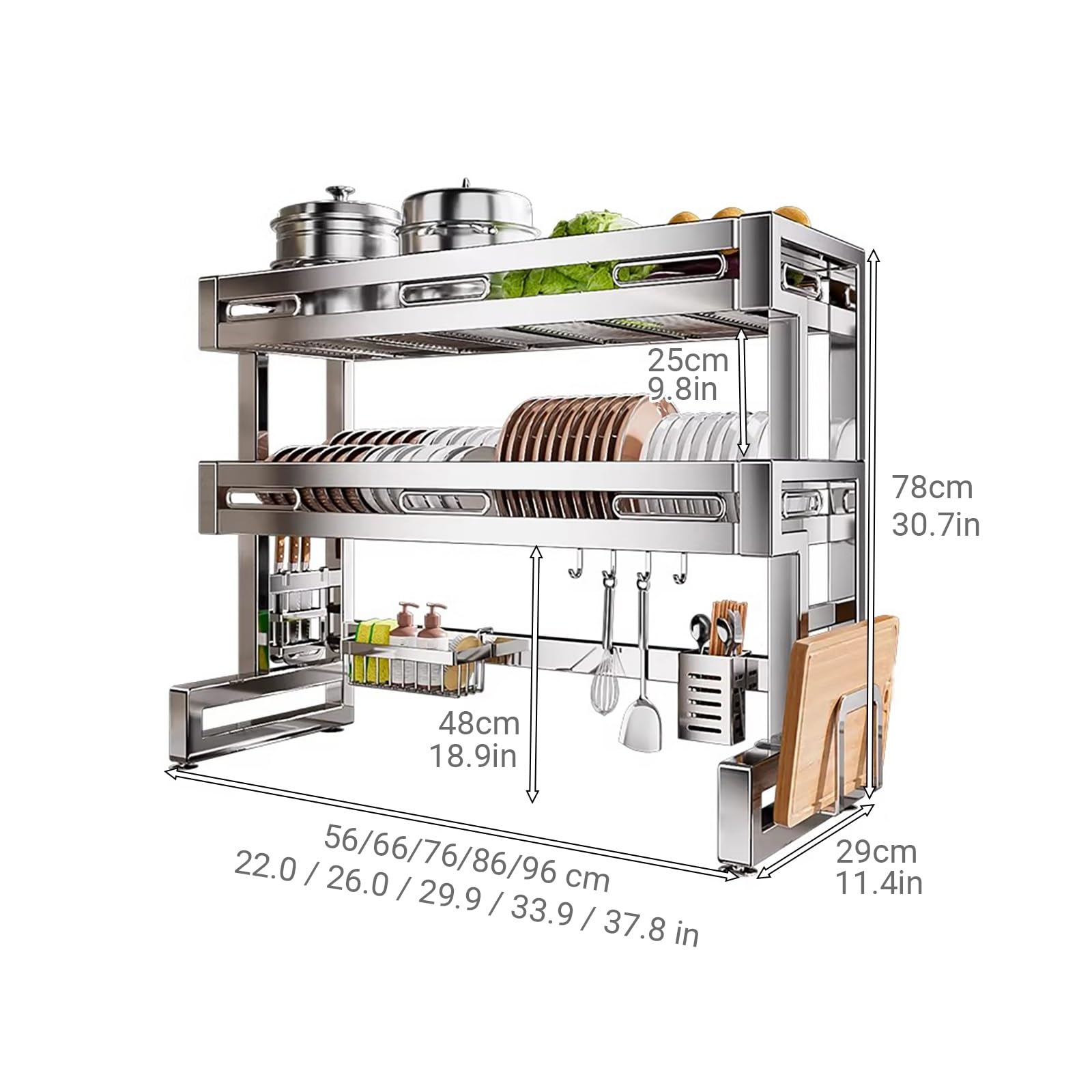 inless Steel 304 - Scolapiatti a 3 ripiani, salvaspazio, da cucina, con supporto per posate e tagliere, design antiruggine (86 x 29 x 78 cm)